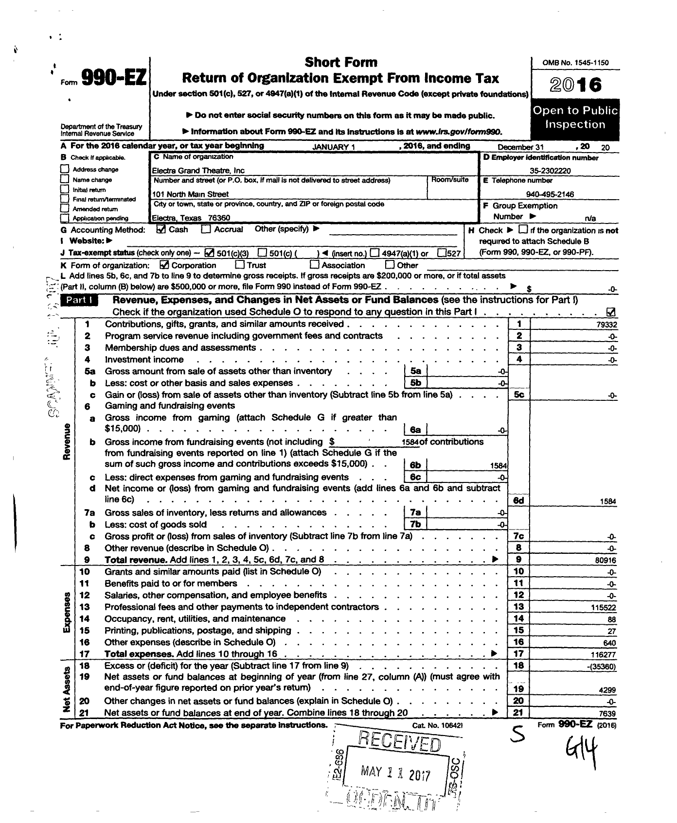 Image of first page of 2016 Form 990EZ for Electra Grand Theatre