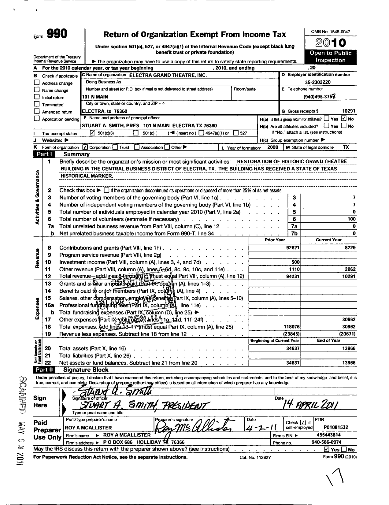 Image of first page of 2010 Form 990 for Electra Grand Theatre