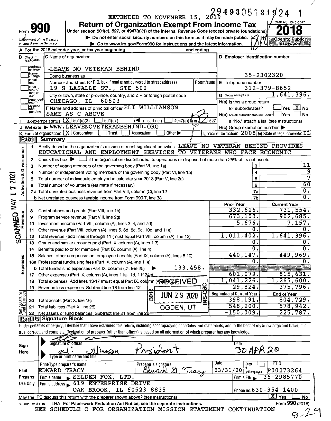 Image of first page of 2018 Form 990 for Leave No Veteran Behind (LNVB)