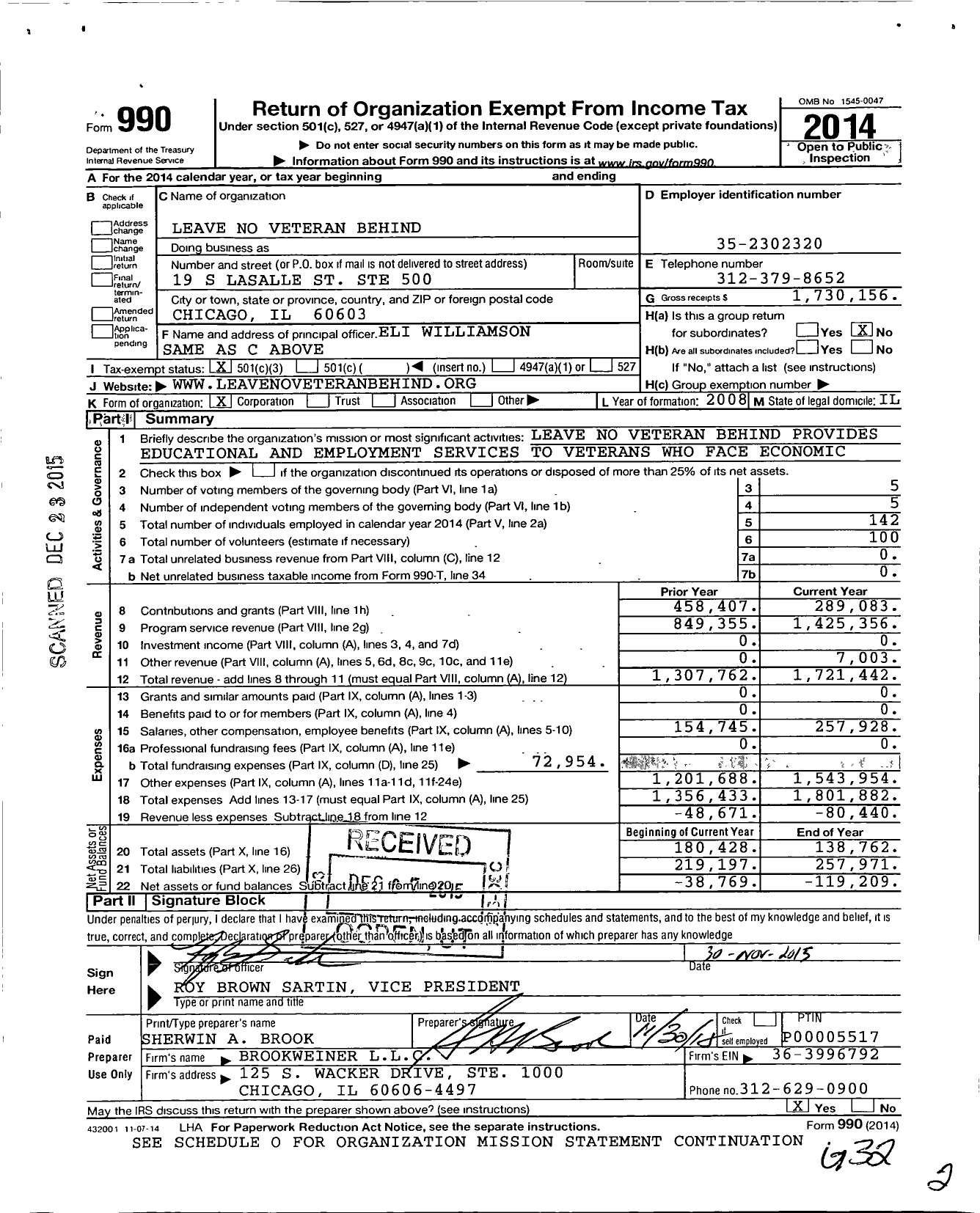 Image of first page of 2014 Form 990 for Leave No Veteran Behind (LNVB)