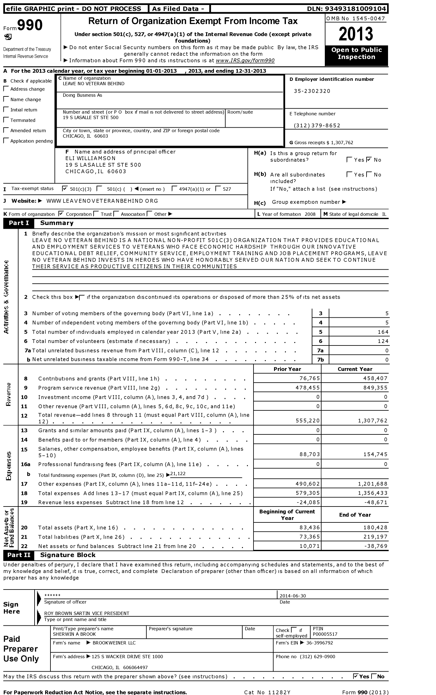 Image of first page of 2013 Form 990 for Leave No Veteran Behind (LNVB)