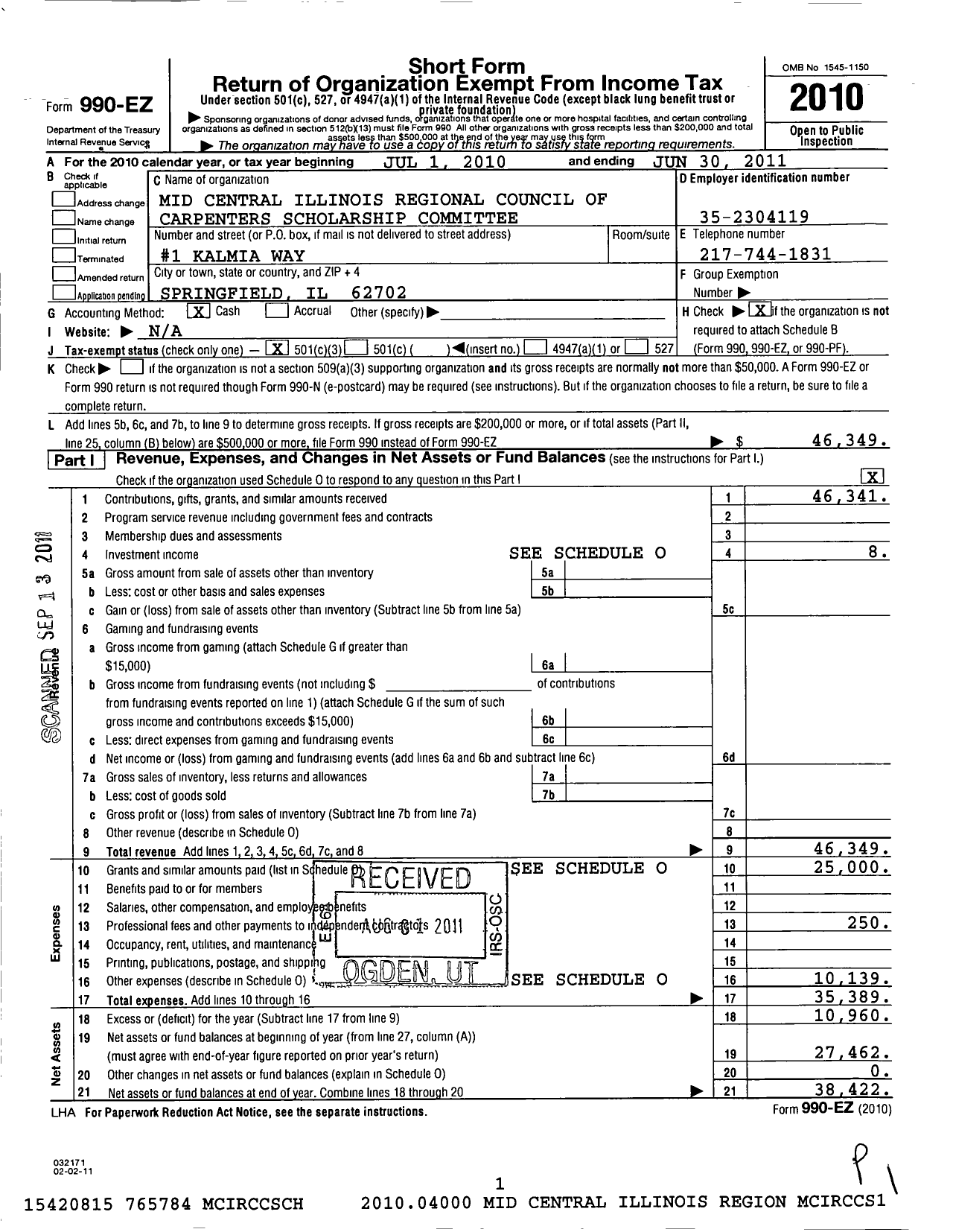 Image of first page of 2010 Form 990EZ for Mid-America Carpenters Southern Illinois Scholarship Committee