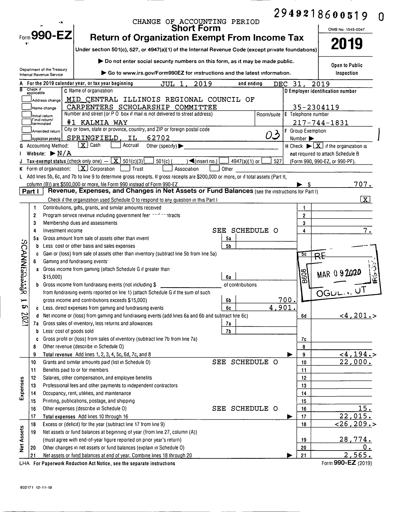 Image of first page of 2019 Form 990EZ for Mid-America Carpenters Southern Illinois Scholarship Committee