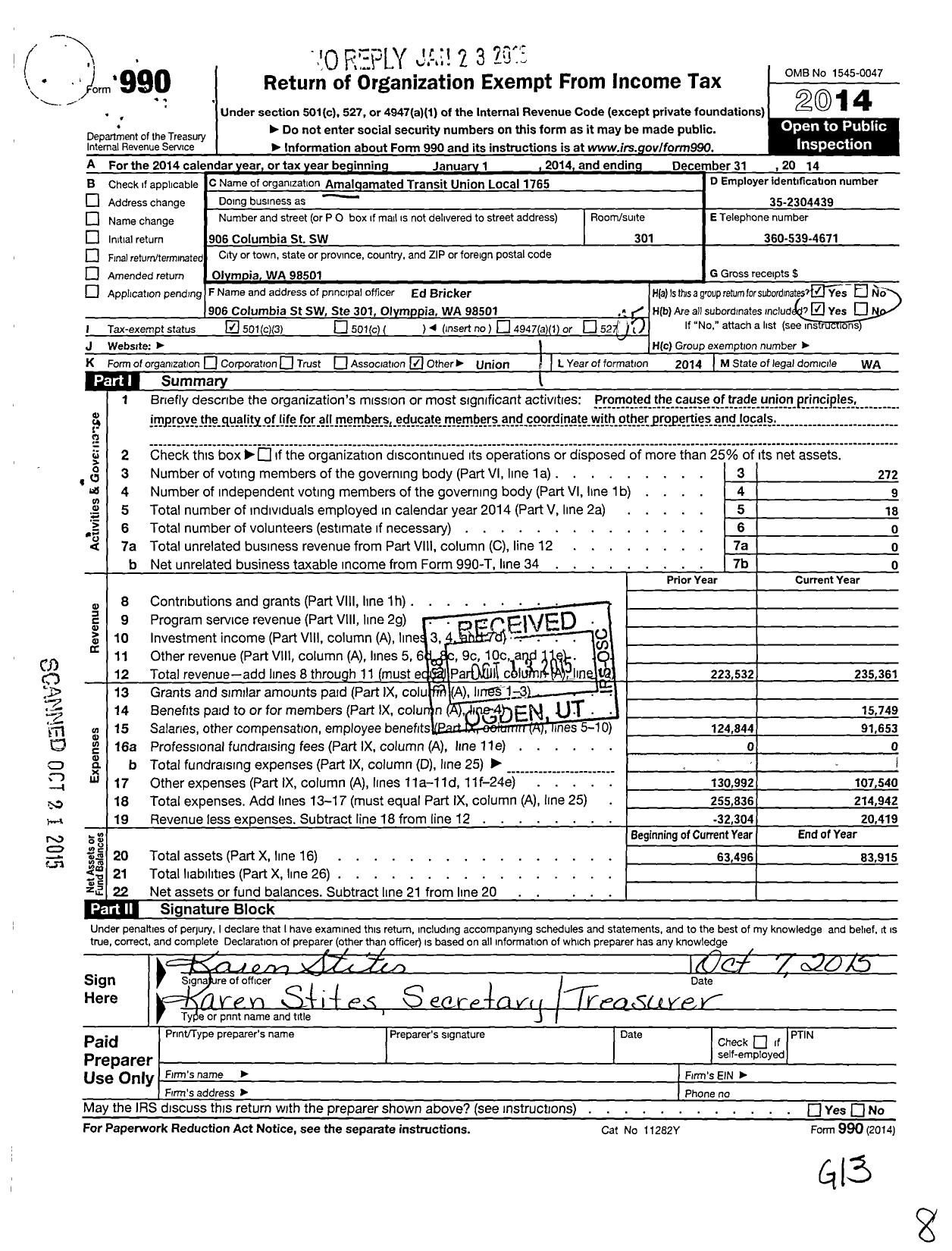 Image of first page of 2014 Form 990 for Amalgamated Transit Union Local 1765