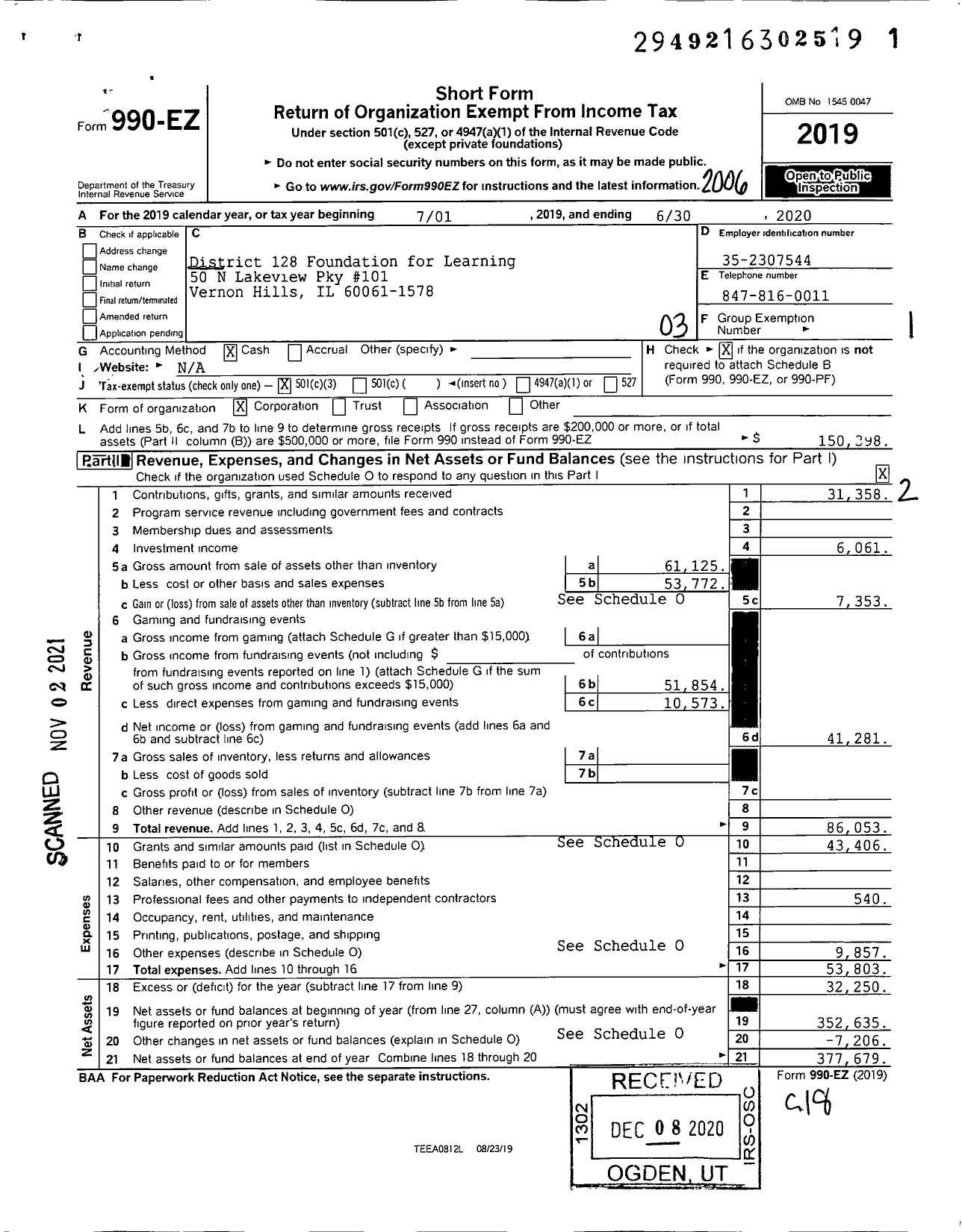 Image of first page of 2019 Form 990EZ for District 128 Foundation for Learning