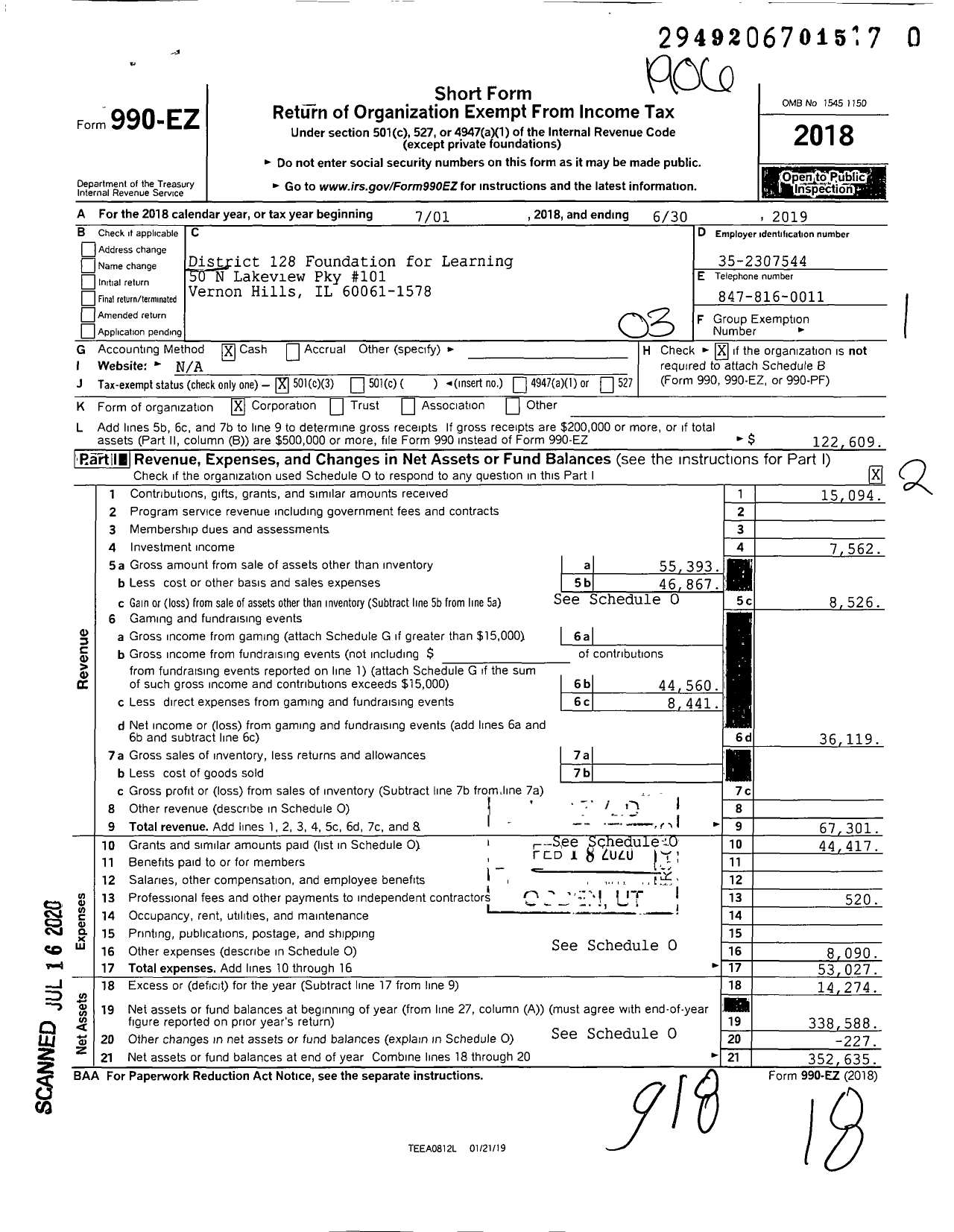 Image of first page of 2018 Form 990EZ for District 128 Foundation for Learning