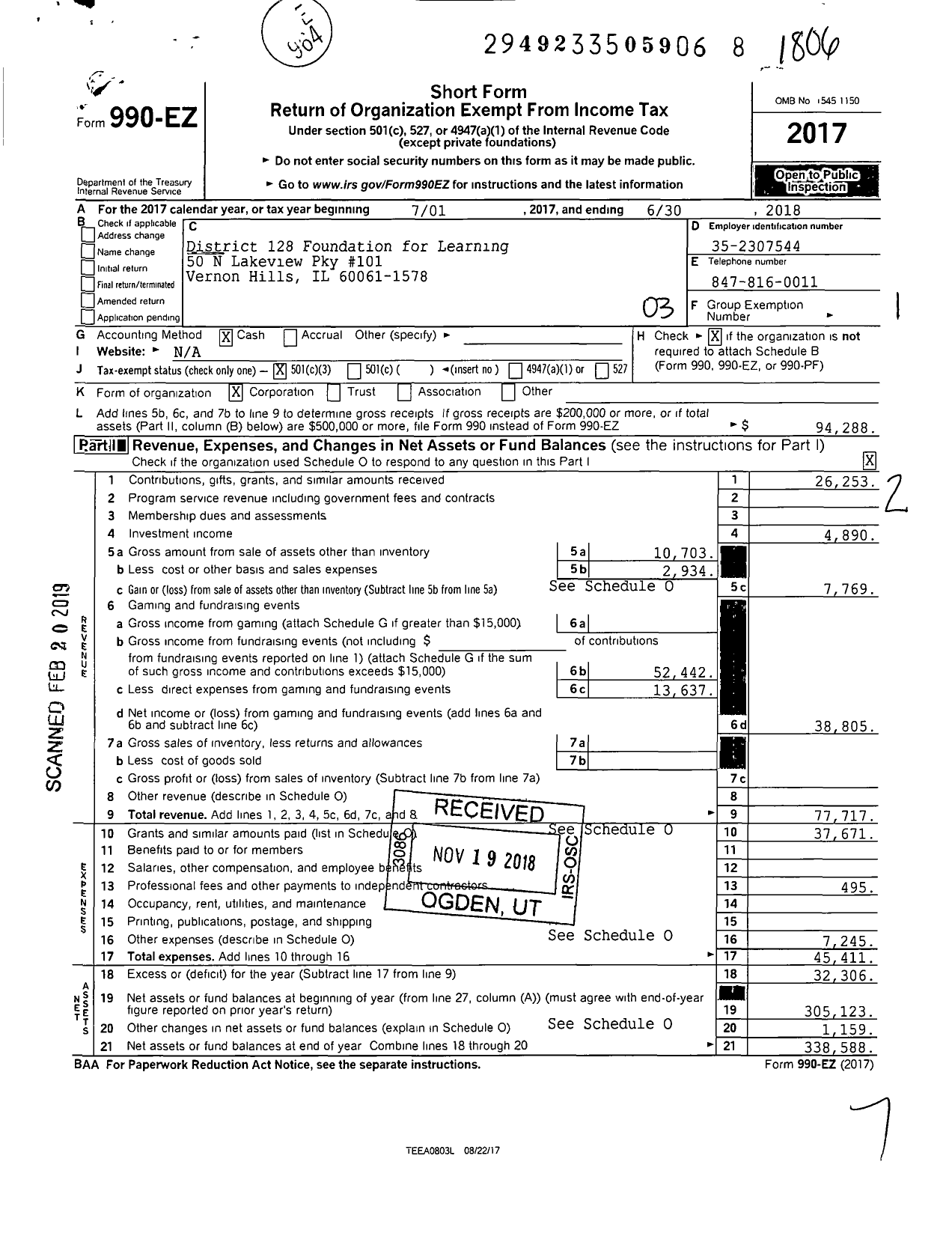 Image of first page of 2017 Form 990EZ for District 128 Foundation for Learning