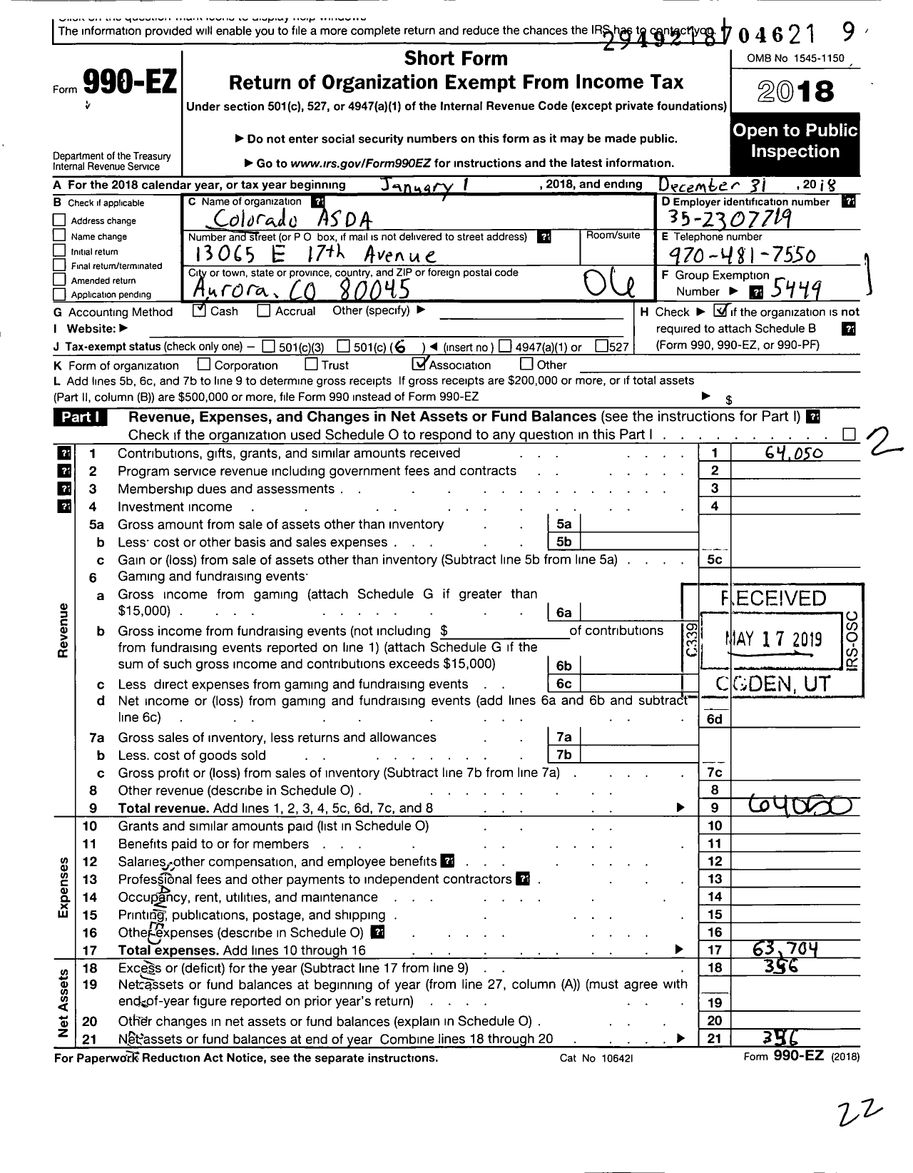 Image of first page of 2018 Form 990EO for American Student Dental Association / Colorado Asda