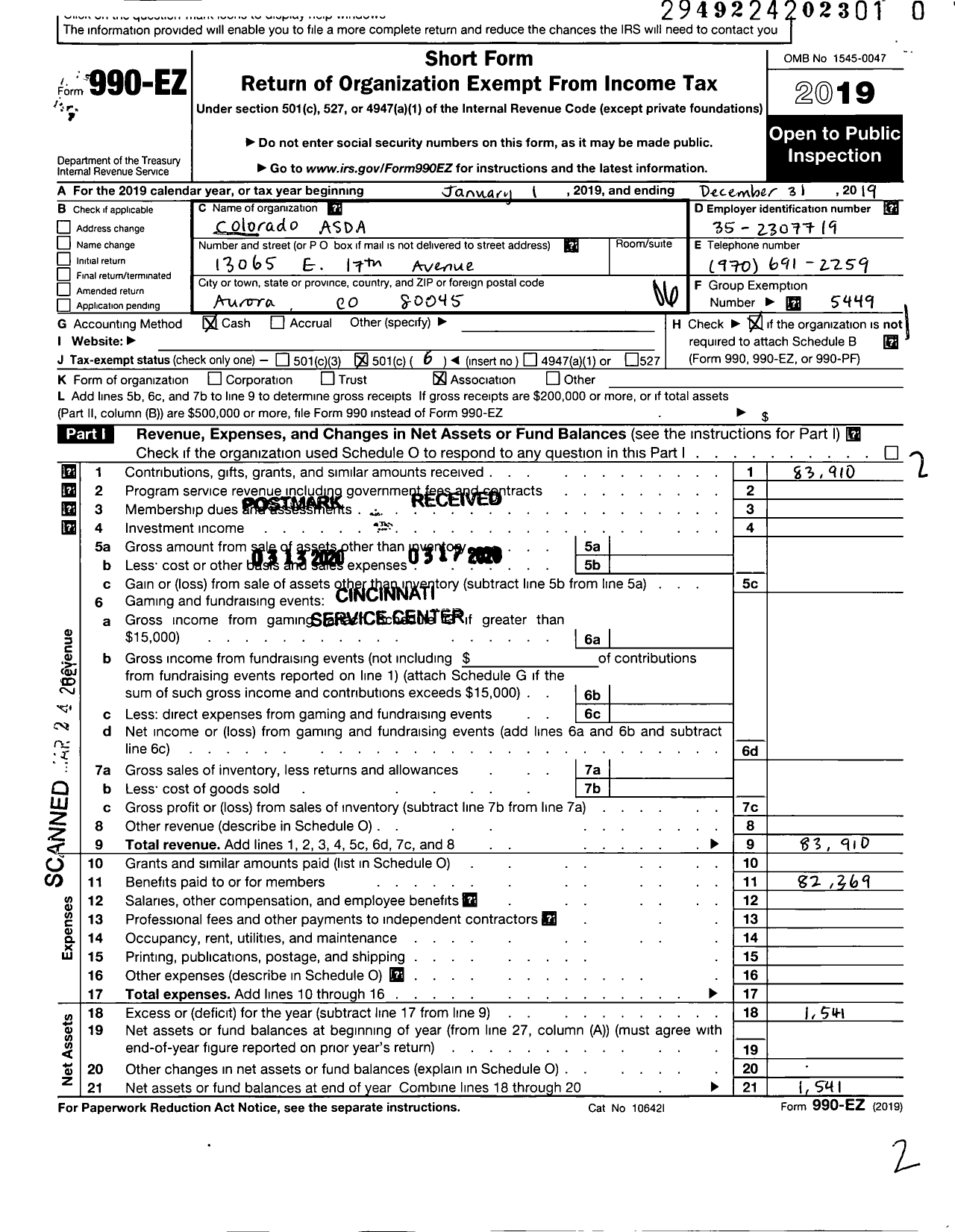 Image of first page of 2019 Form 990EO for American Student Dental Association / Colorado Asda