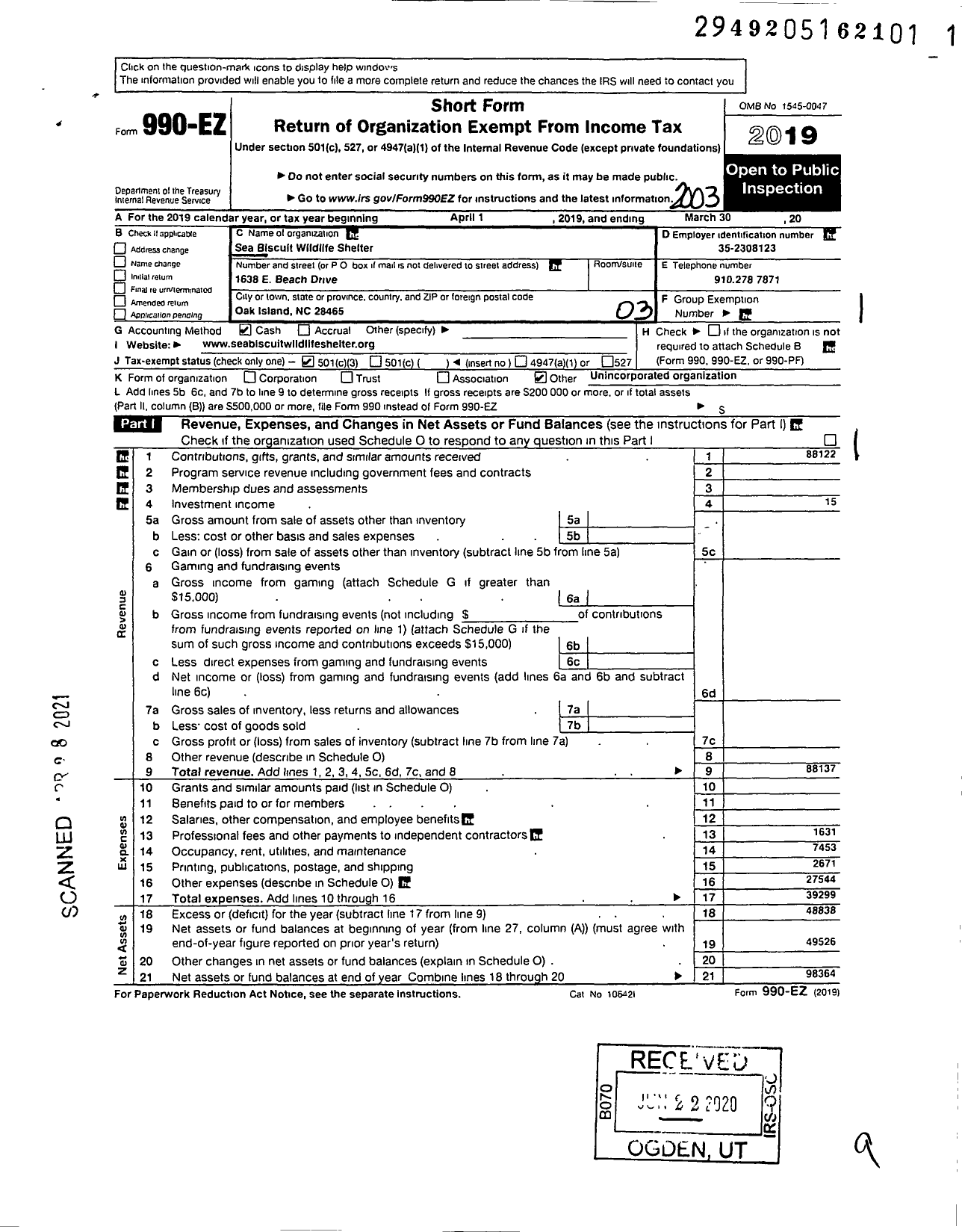 Image of first page of 2019 Form 990EZ for Sea Biscuit Wildlife Shelter