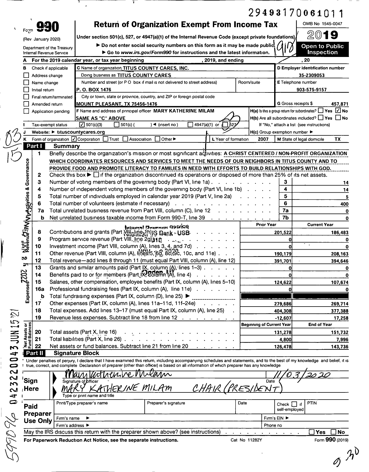 Image of first page of 2019 Form 990 for Titus County Cares
