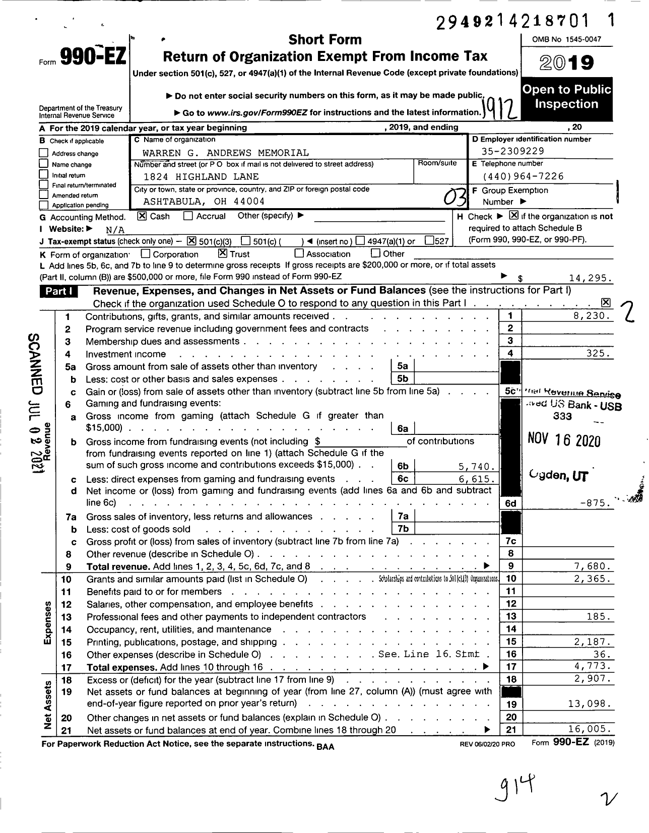 Image of first page of 2019 Form 990EZ for Warren G Andrews Memorial