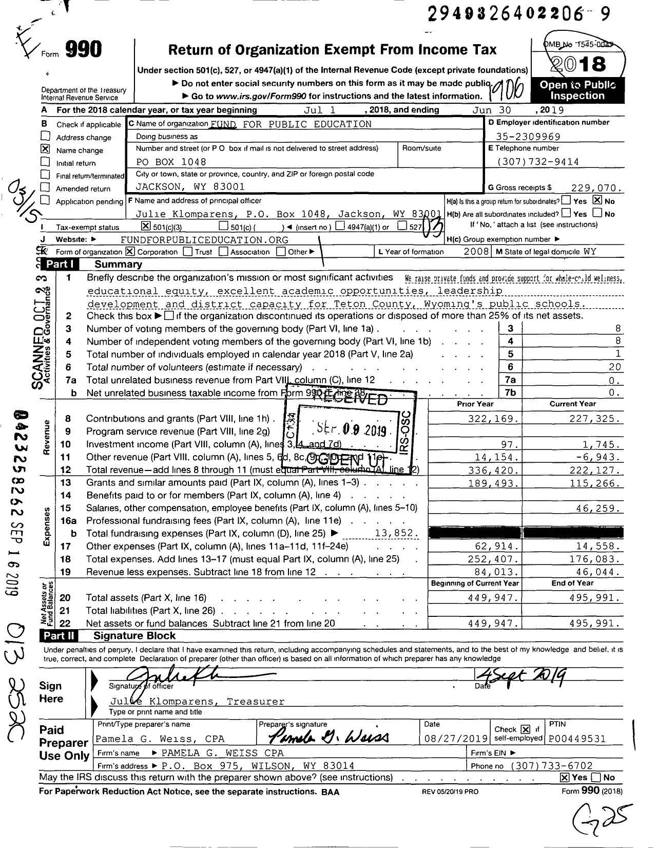 Image of first page of 2018 Form 990 for Fund for Public Education