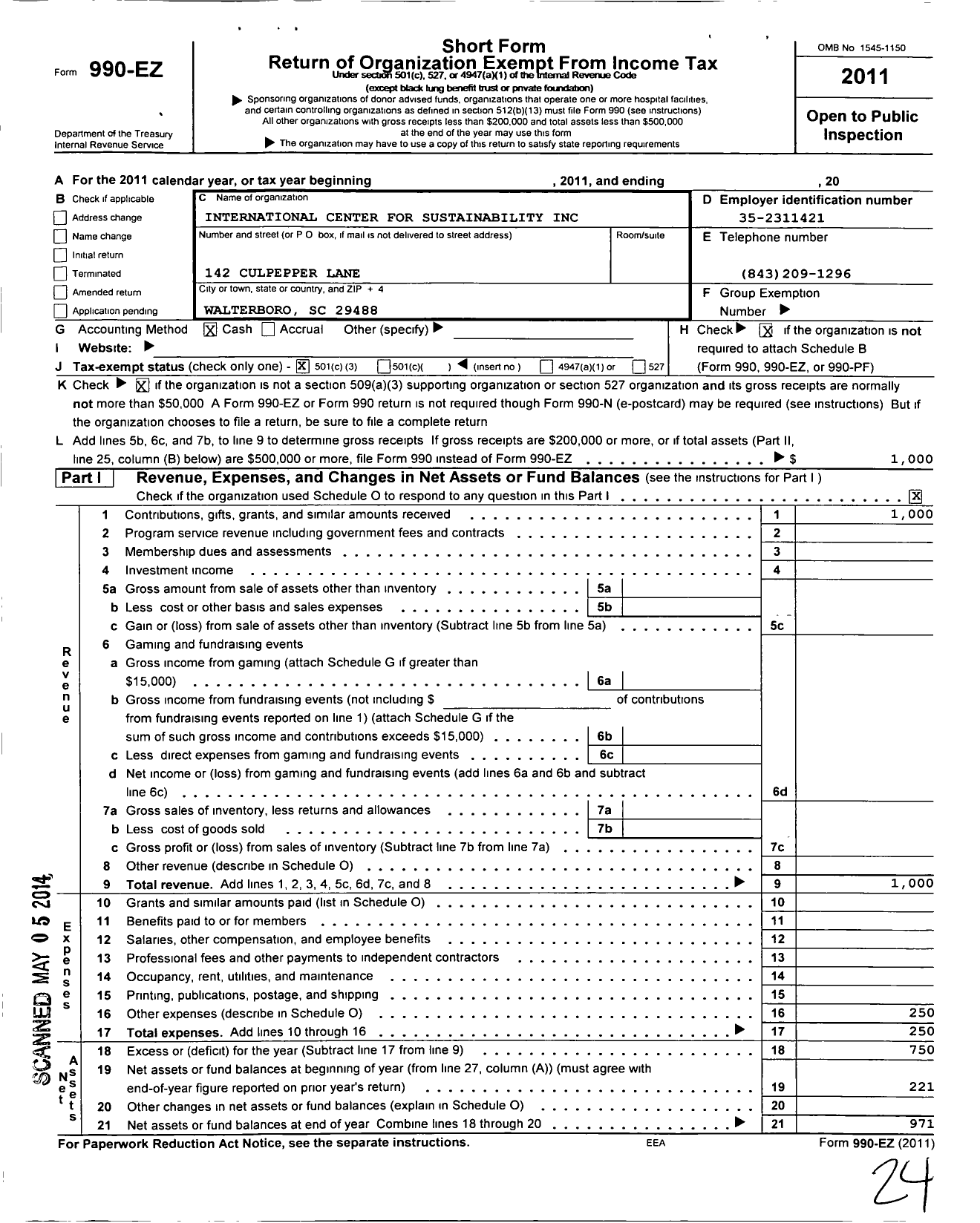 Image of first page of 2011 Form 990EZ for International Center for Sustainability