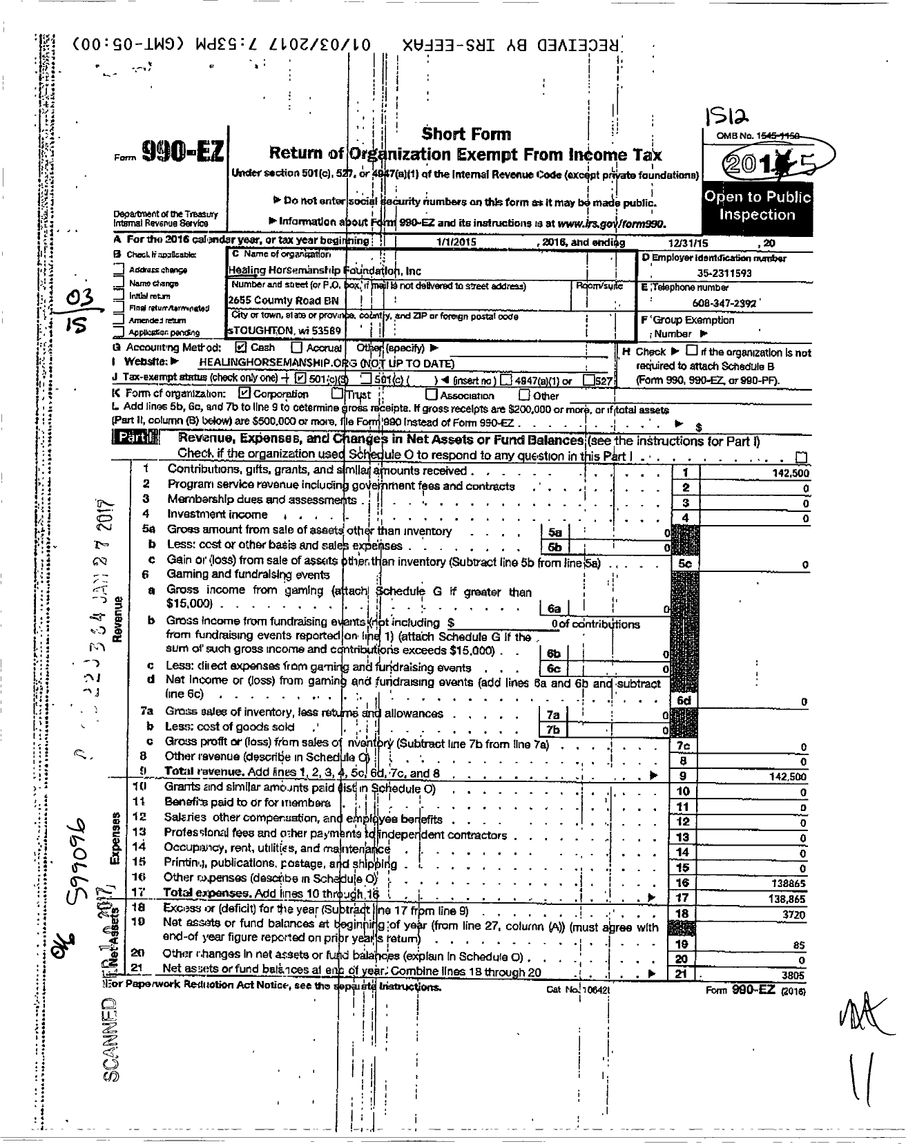 Image of first page of 2015 Form 990EZ for Healing Horsemanship Foundation