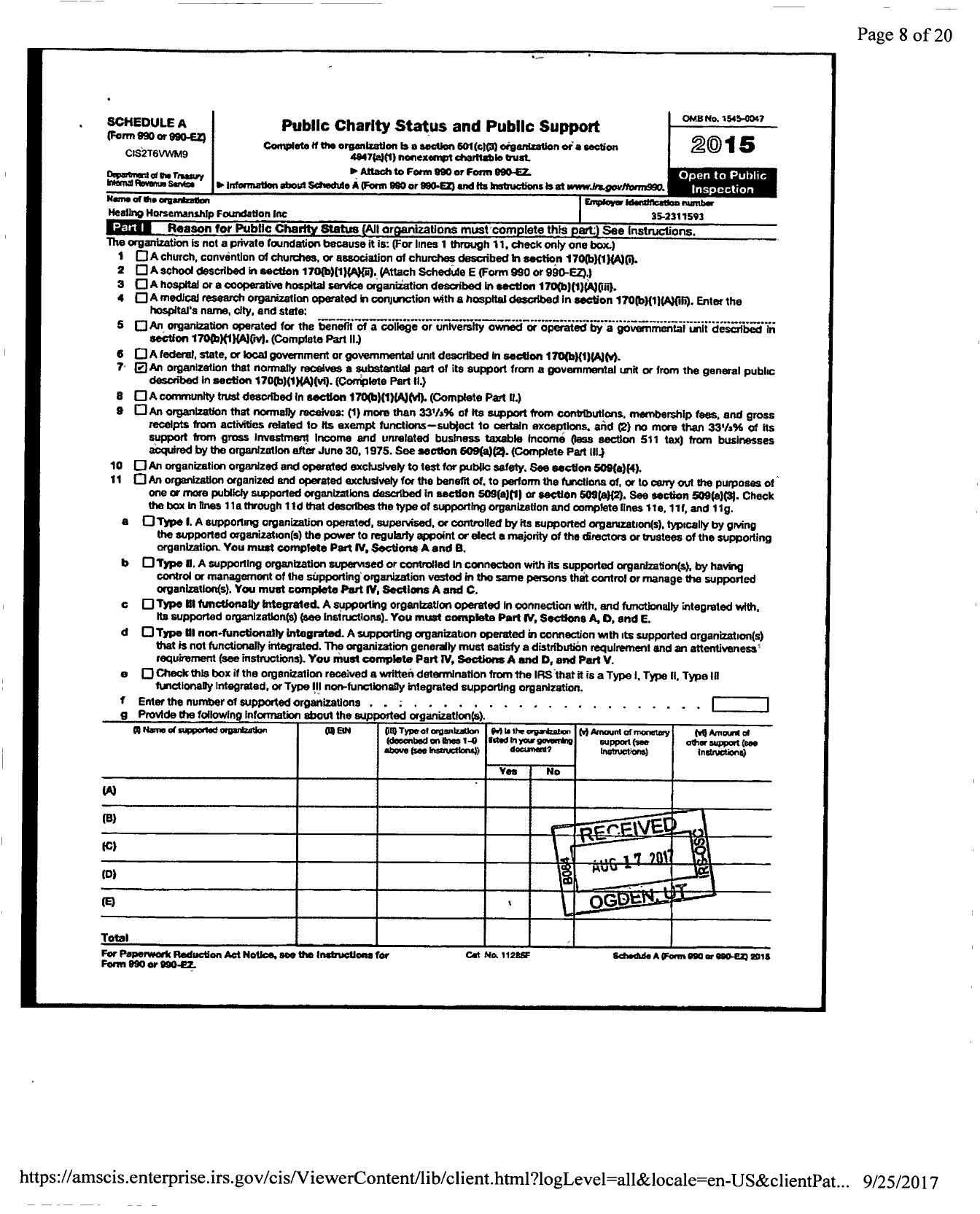 Image of first page of 2015 Form 990ER for Healing Horsemanship Foundation