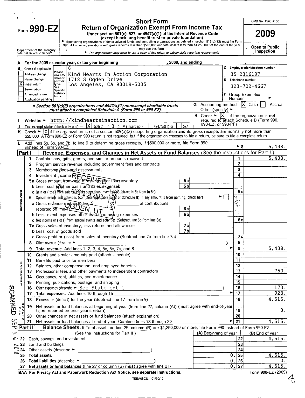 Image of first page of 2009 Form 990EZ for Kind Hearts in Action Corporation