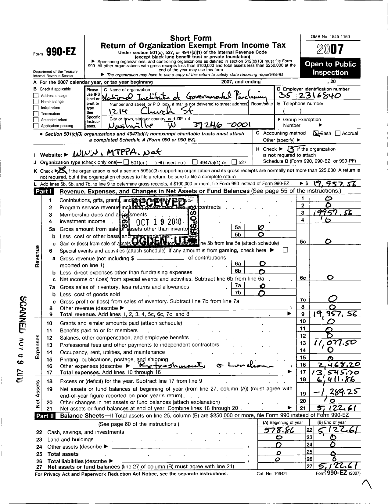 Image of first page of 2007 Form 990EO for National Institute of Governmental Purchasing / Middle TN Public Purchasing Assoc C