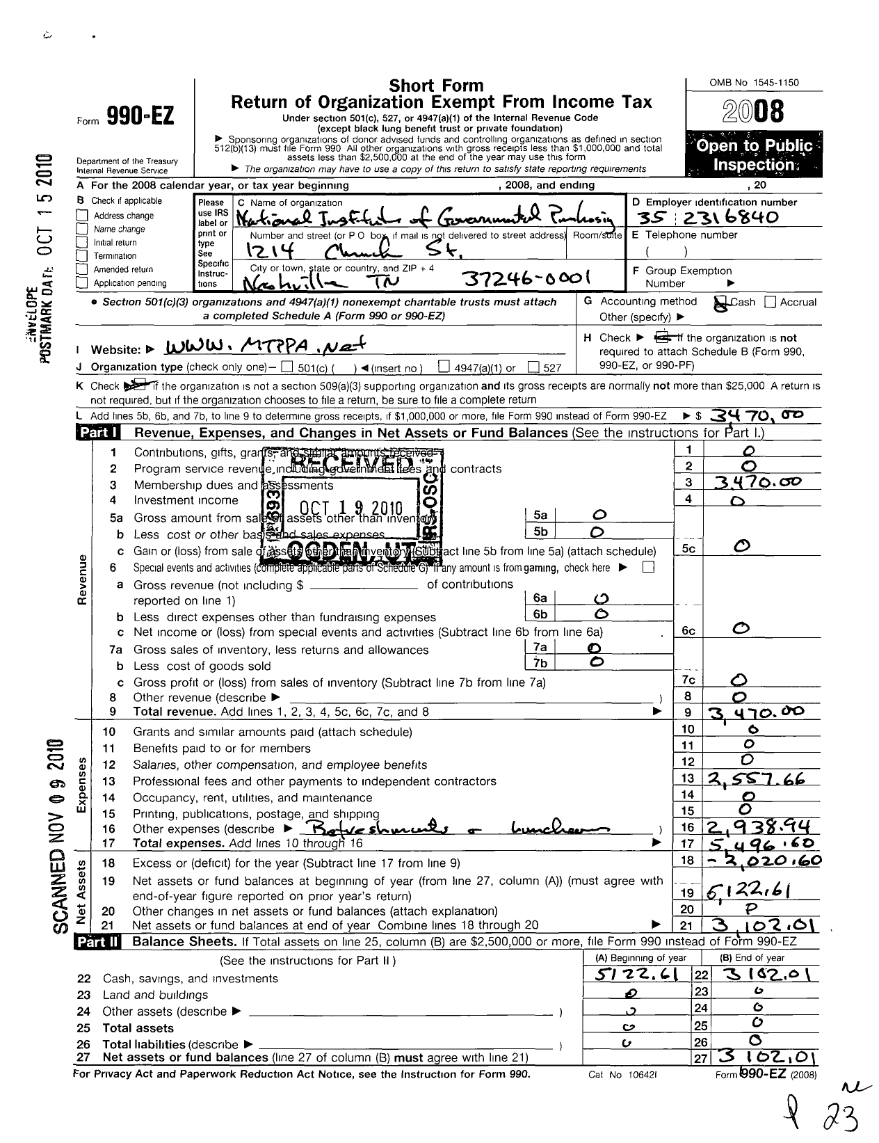 Image of first page of 2008 Form 990EO for National Institute of Governmental Purchasing / Middle TN Public Purchasing Assoc C