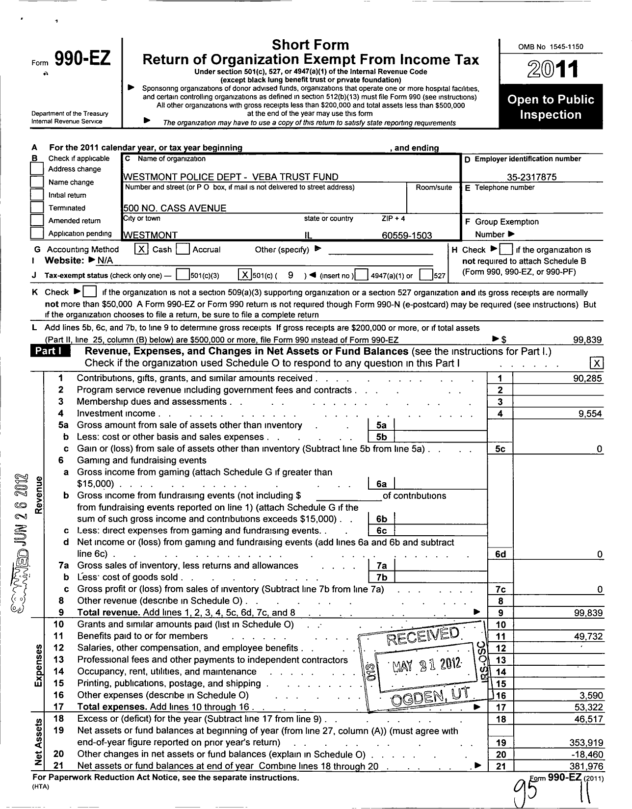 Image of first page of 2011 Form 990EO for Westmont Police Dept Veba Trust Fund