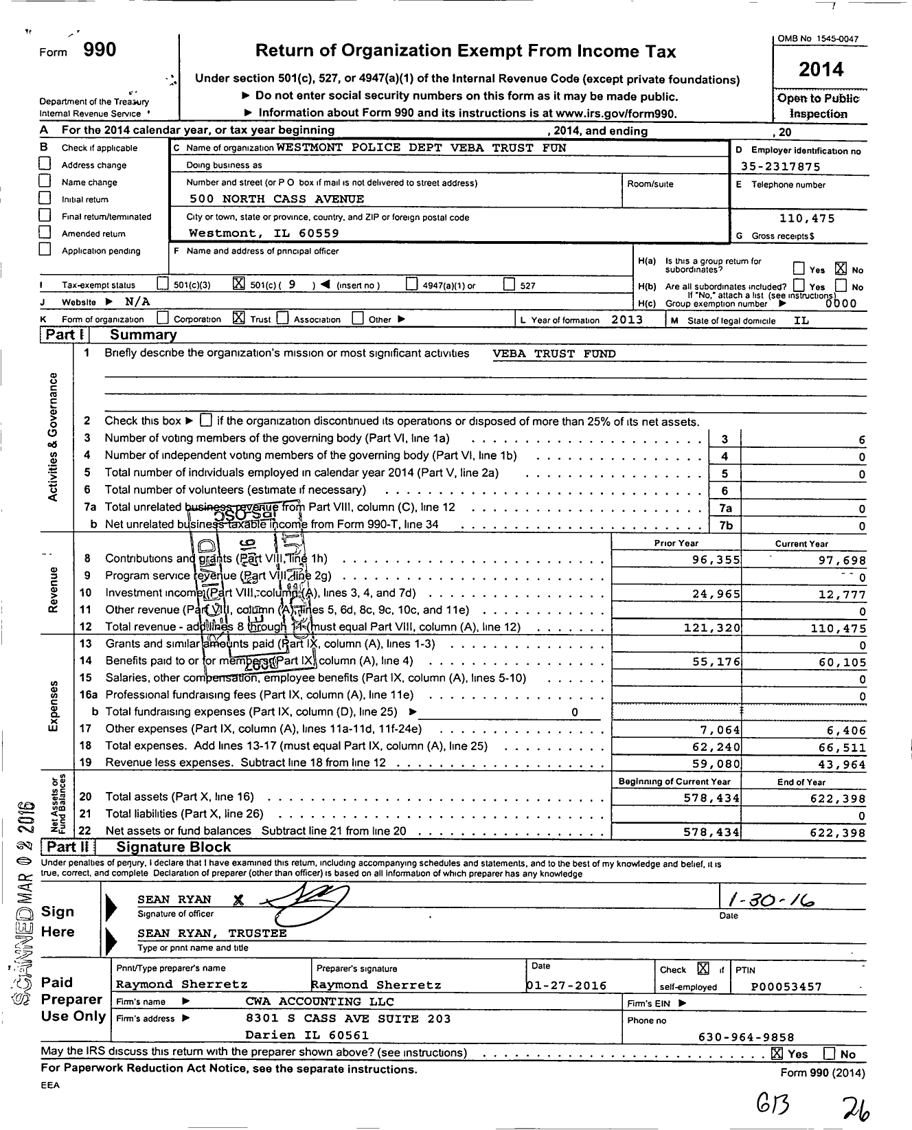 Image of first page of 2014 Form 990O for Westmont Police Dept Veba Trust Fund