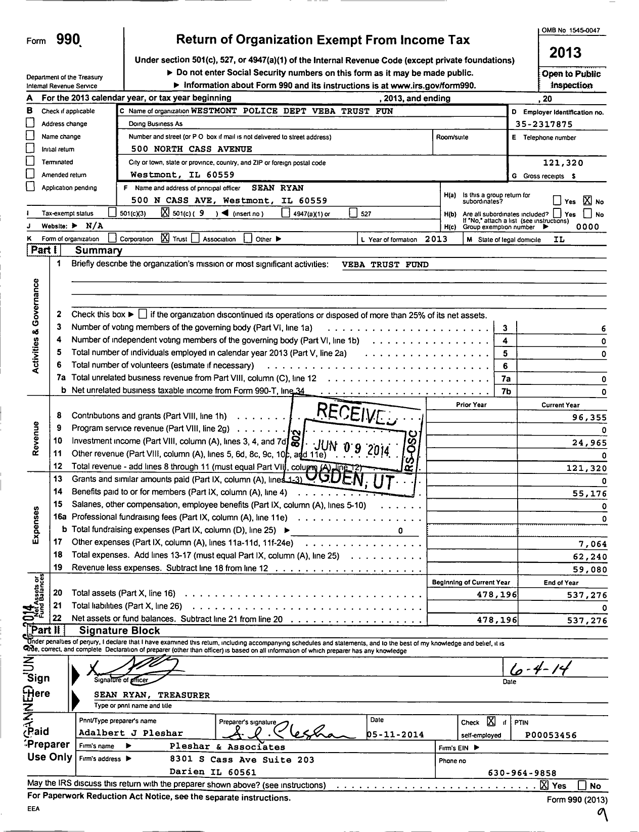 Image of first page of 2013 Form 990O for Westmont Police Dept Veba Trust Fund