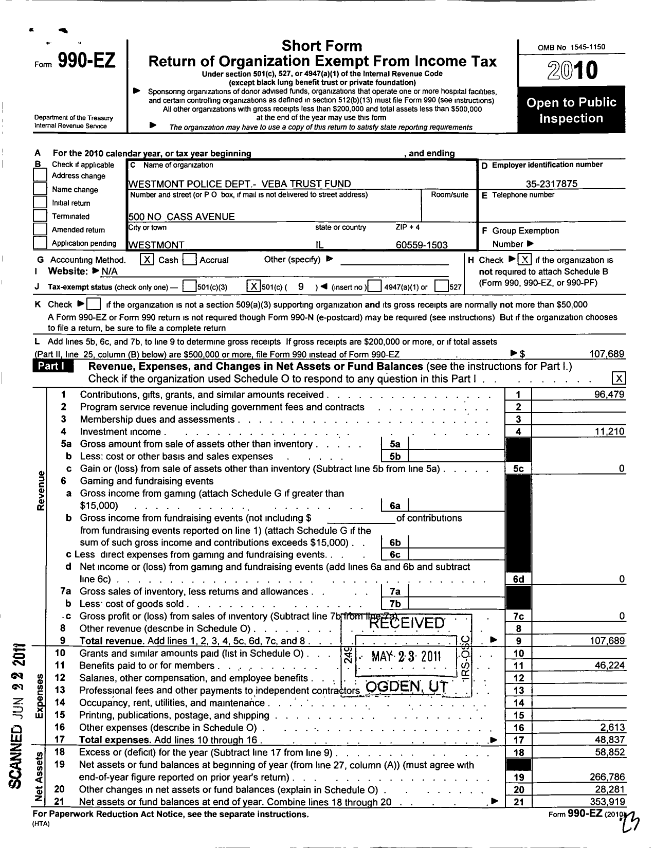 Image of first page of 2010 Form 990EO for Westmont Police Dept Veba Trust Fund