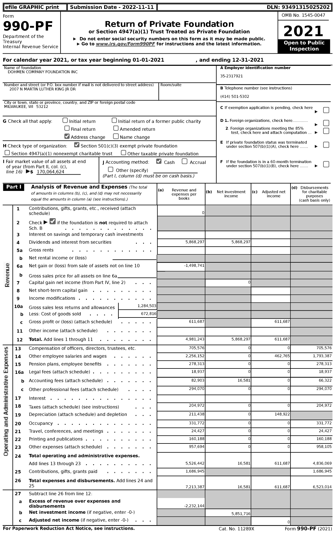 Image of first page of 2021 Form 990PF for Dohmen Company Foundation