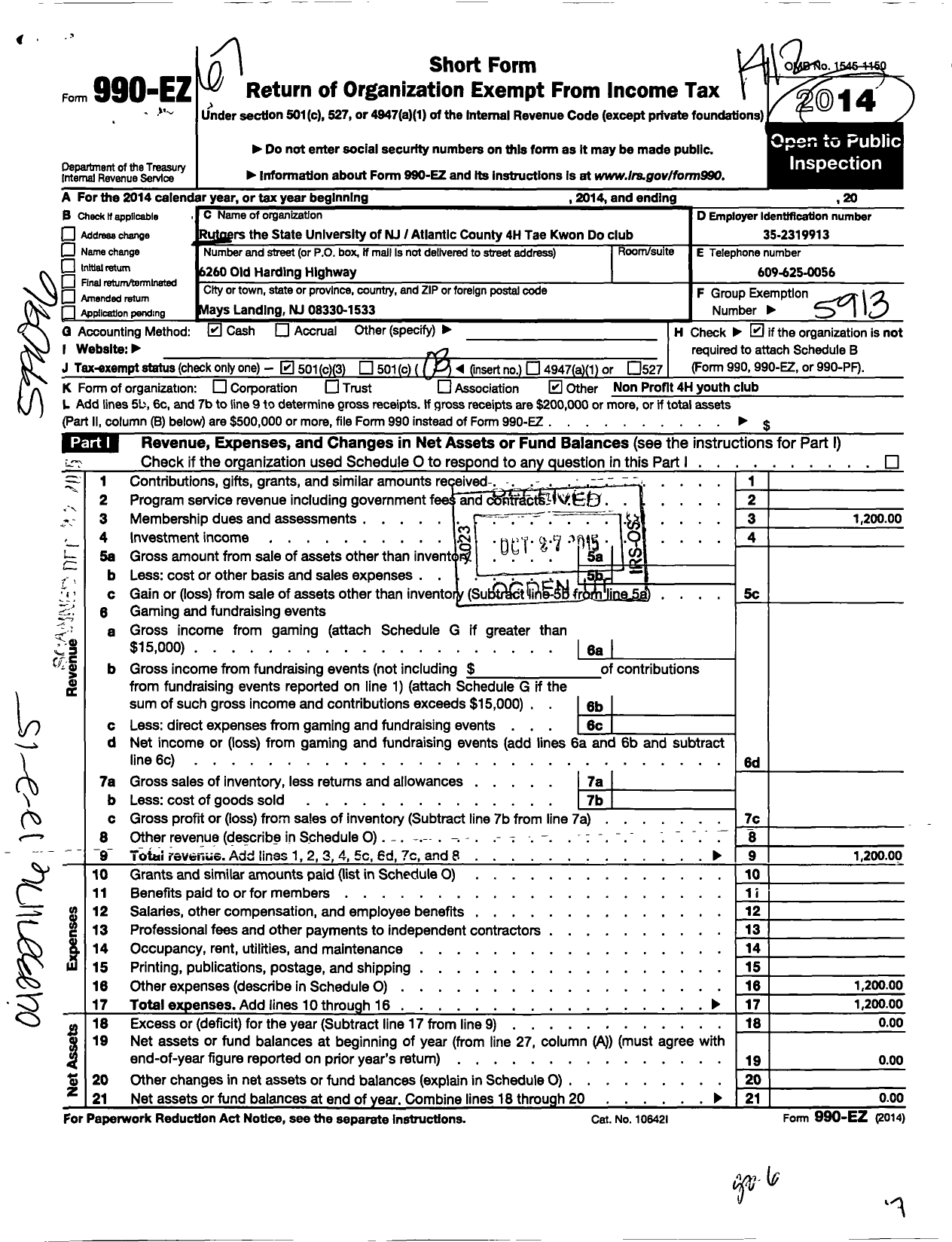 Image of first page of 2014 Form 990EZ for Rutgers the State University of NJ / Atlantic County 4H Tae Kwon Do Club