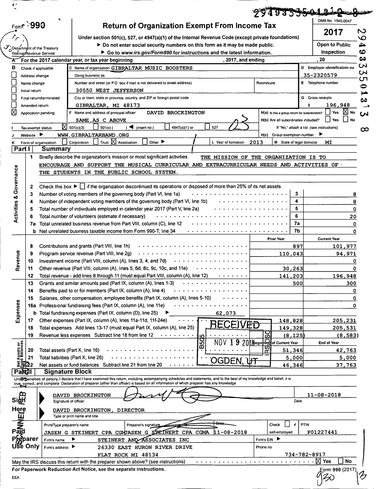 Image of first page of 2017 Form 990 for Gibraltar Music Boosters