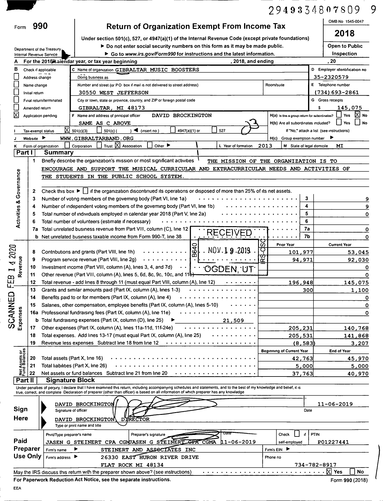 Image of first page of 2018 Form 990 for Gibraltar Music Boosters