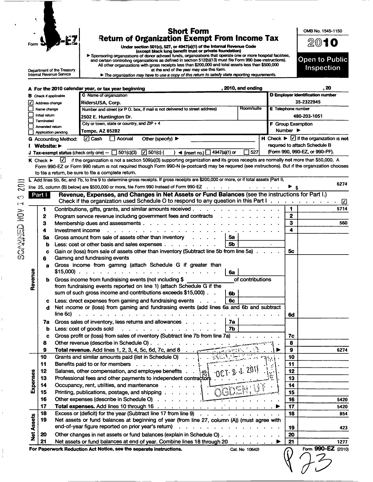 Image of first page of 2010 Form 990EZ for Riders United for a Sovereign America