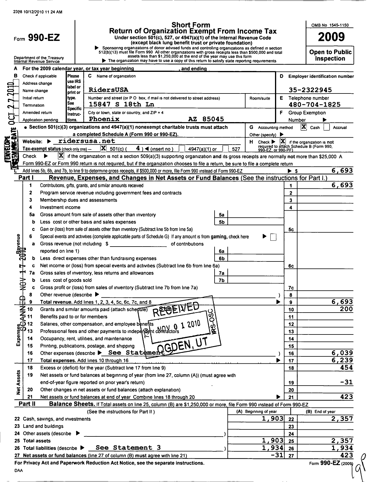 Image of first page of 2009 Form 990EO for Riders United for a Sovereign America