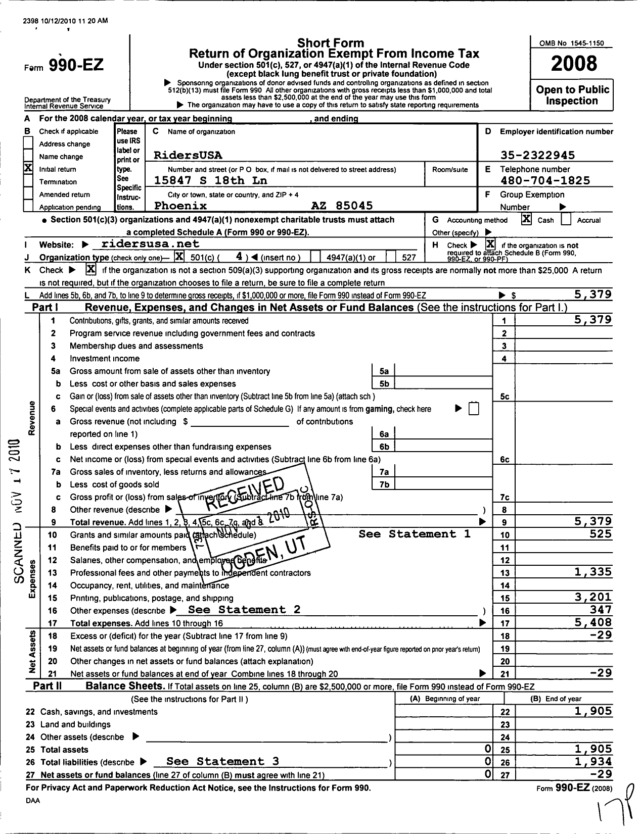 Image of first page of 2008 Form 990EO for Riders United for a Sovereign America