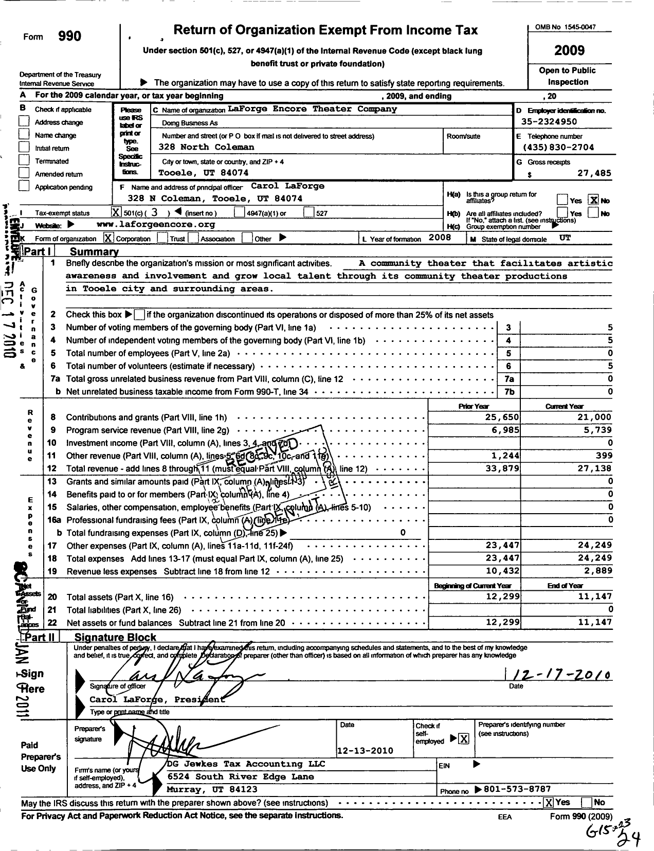 Image of first page of 2009 Form 990 for Laforge Encore Theatre Company