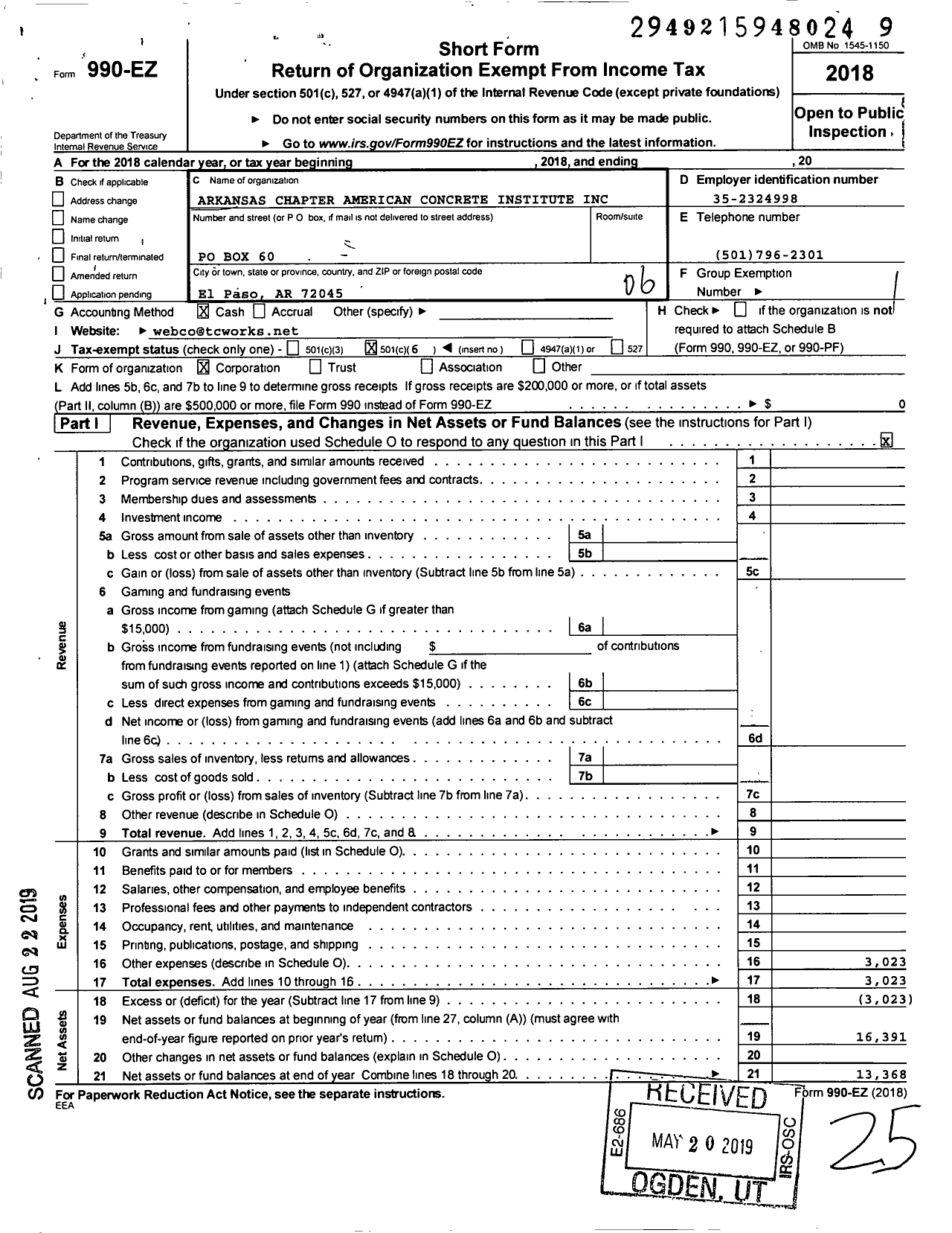 Image of first page of 2018 Form 990EO for Arkansas Chapter American Concrete Institute