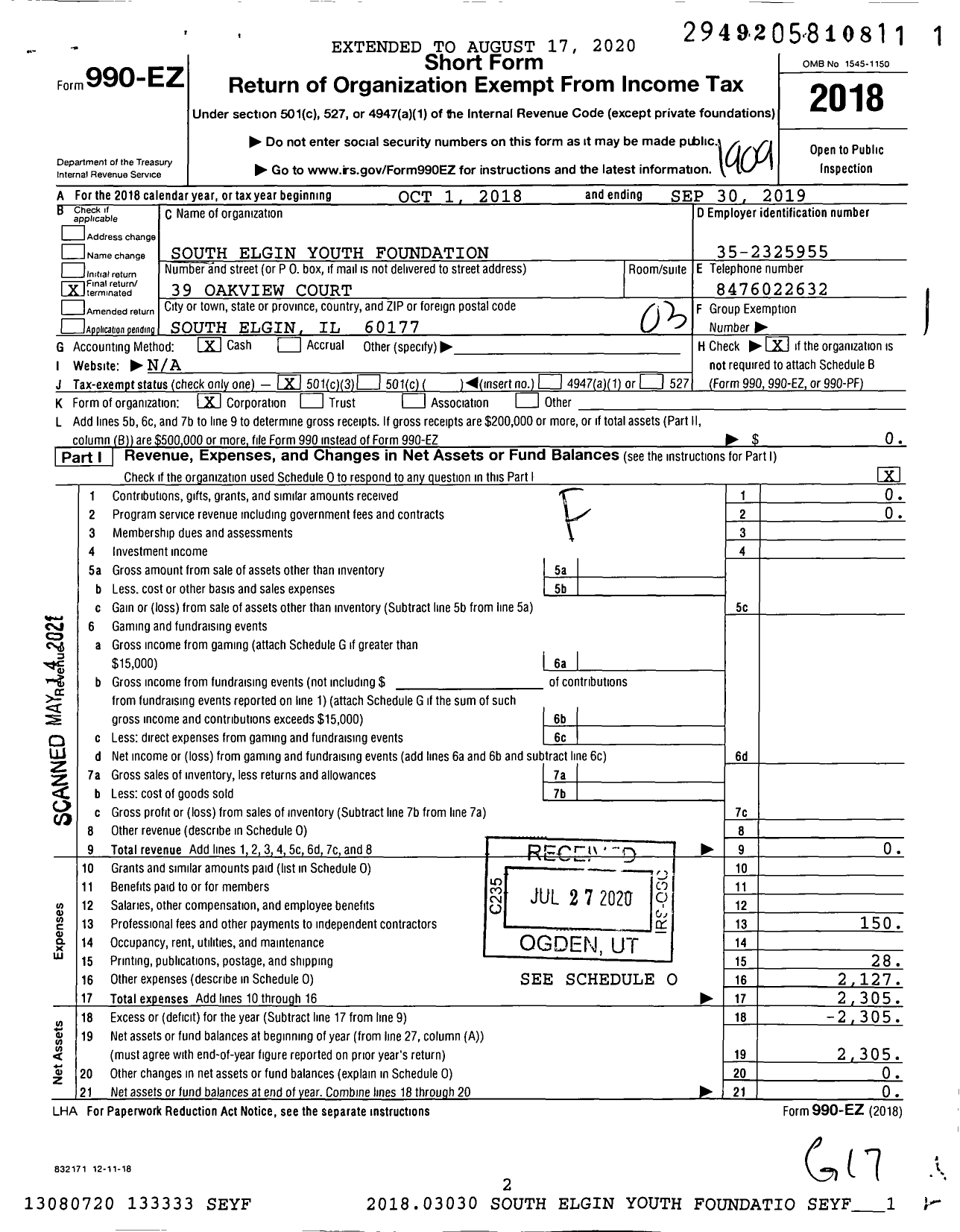 Image of first page of 2018 Form 990EZ for South Elgin Youth Foundation