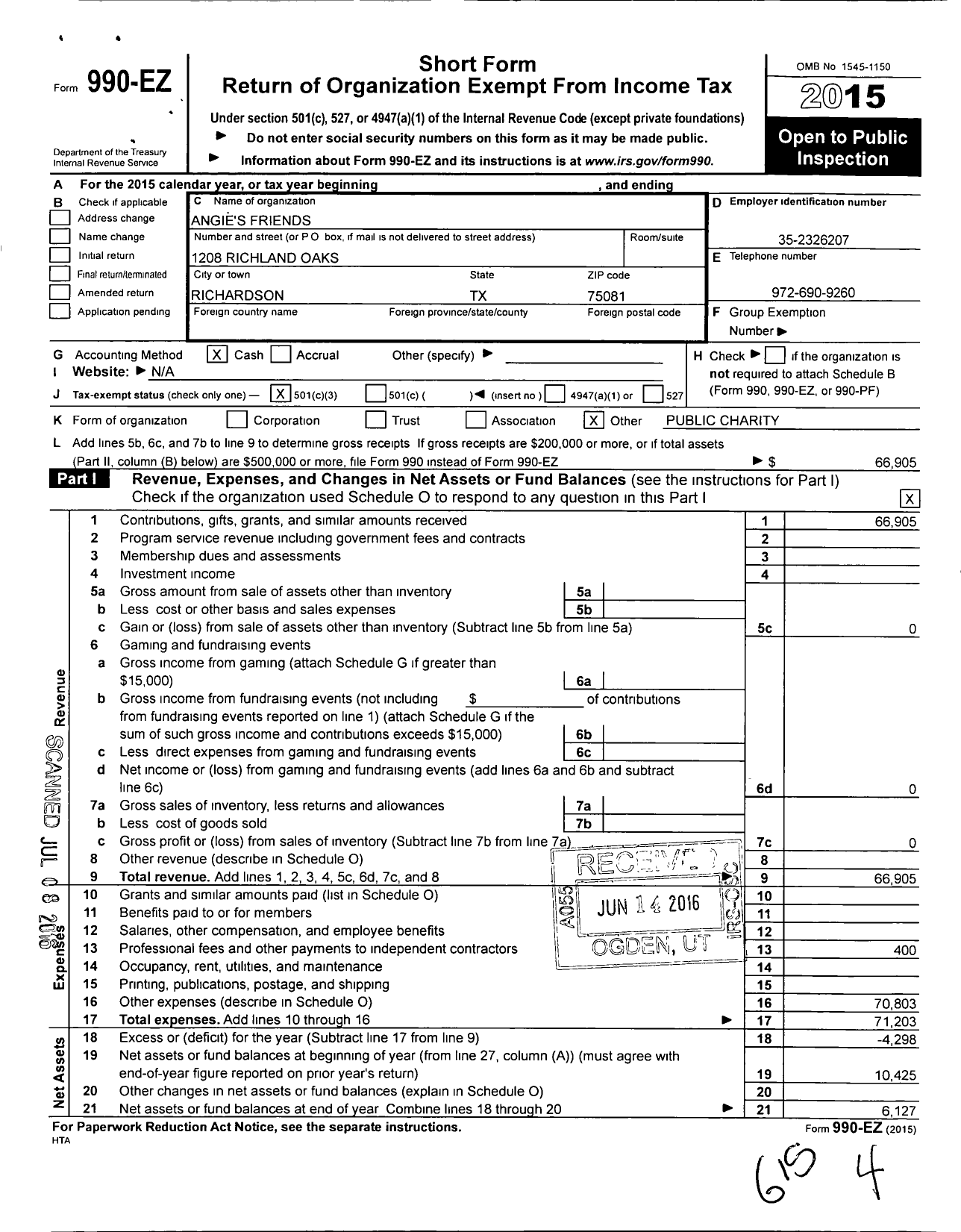 Image of first page of 2015 Form 990EZ for Angies Friends