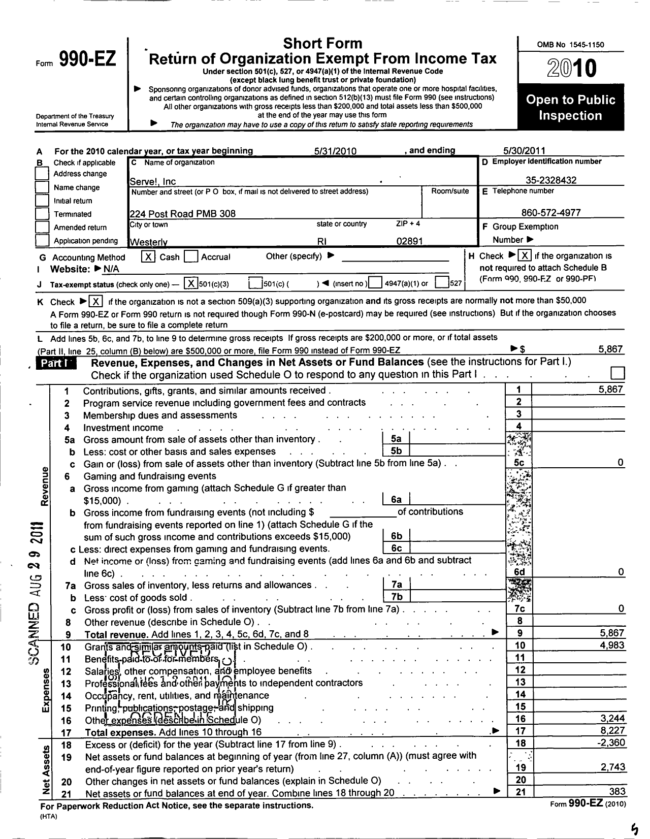 Image of first page of 2010 Form 990EZ for Serve