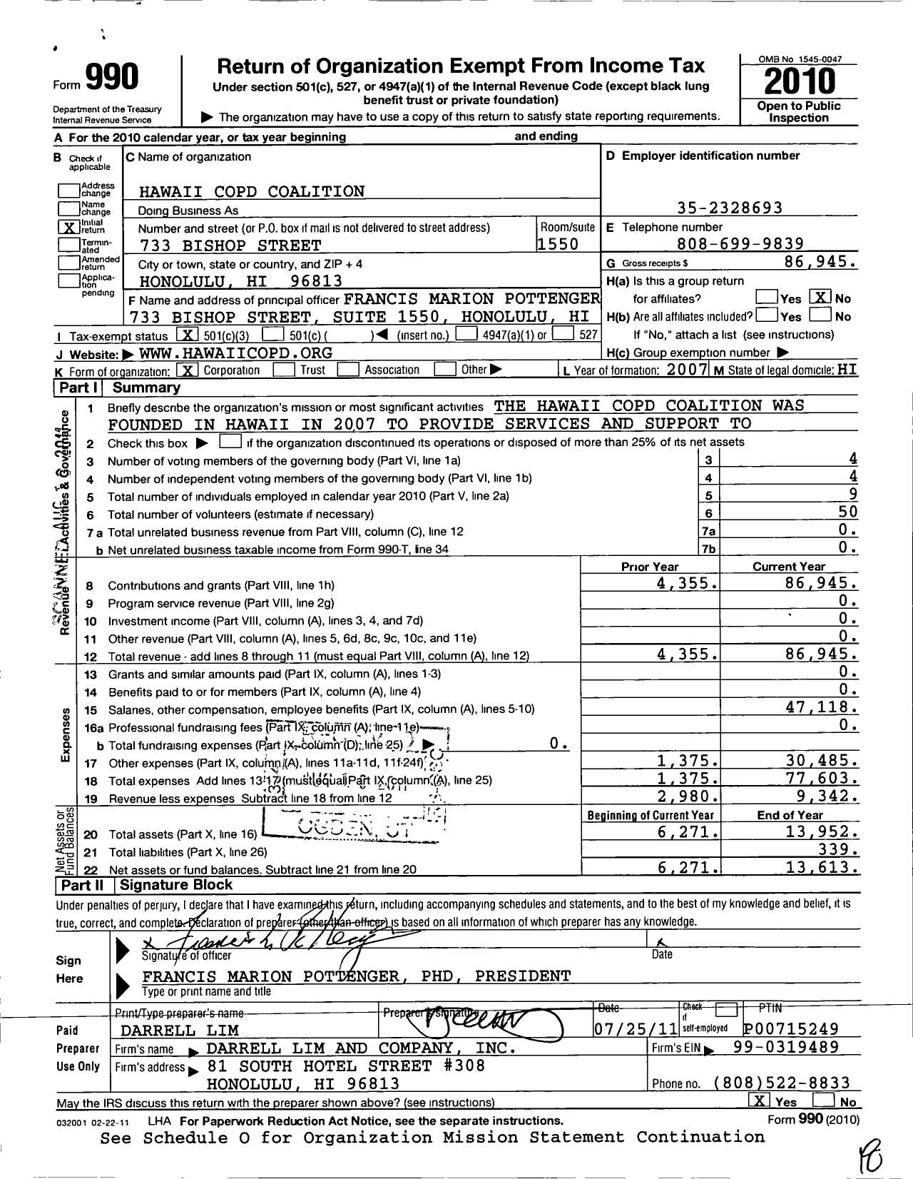 Image of first page of 2010 Form 990 for Hawaii Copd Coalition