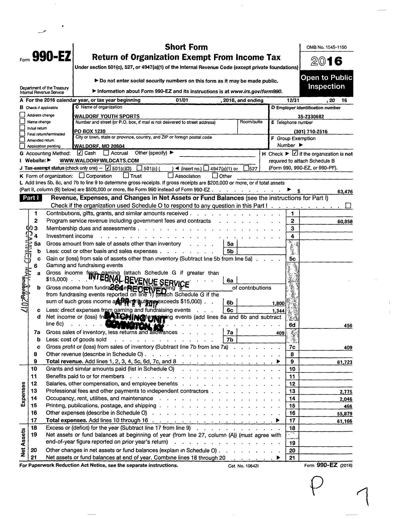 Image of first page of 2016 Form 990EZ for Waldorf Youth Sports