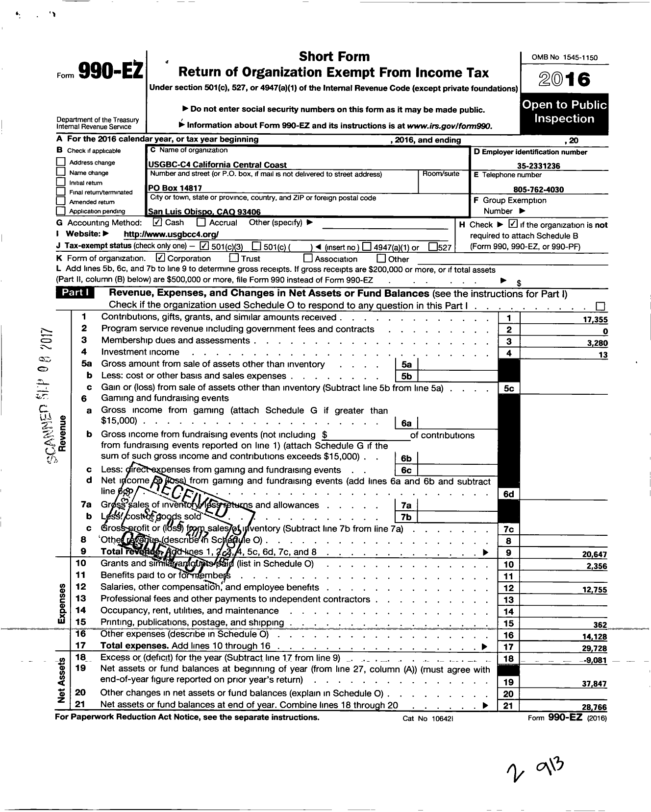 Image of first page of 2016 Form 990EZ for Usgbc-C4 Calfiornia Cantral Coast Chapter