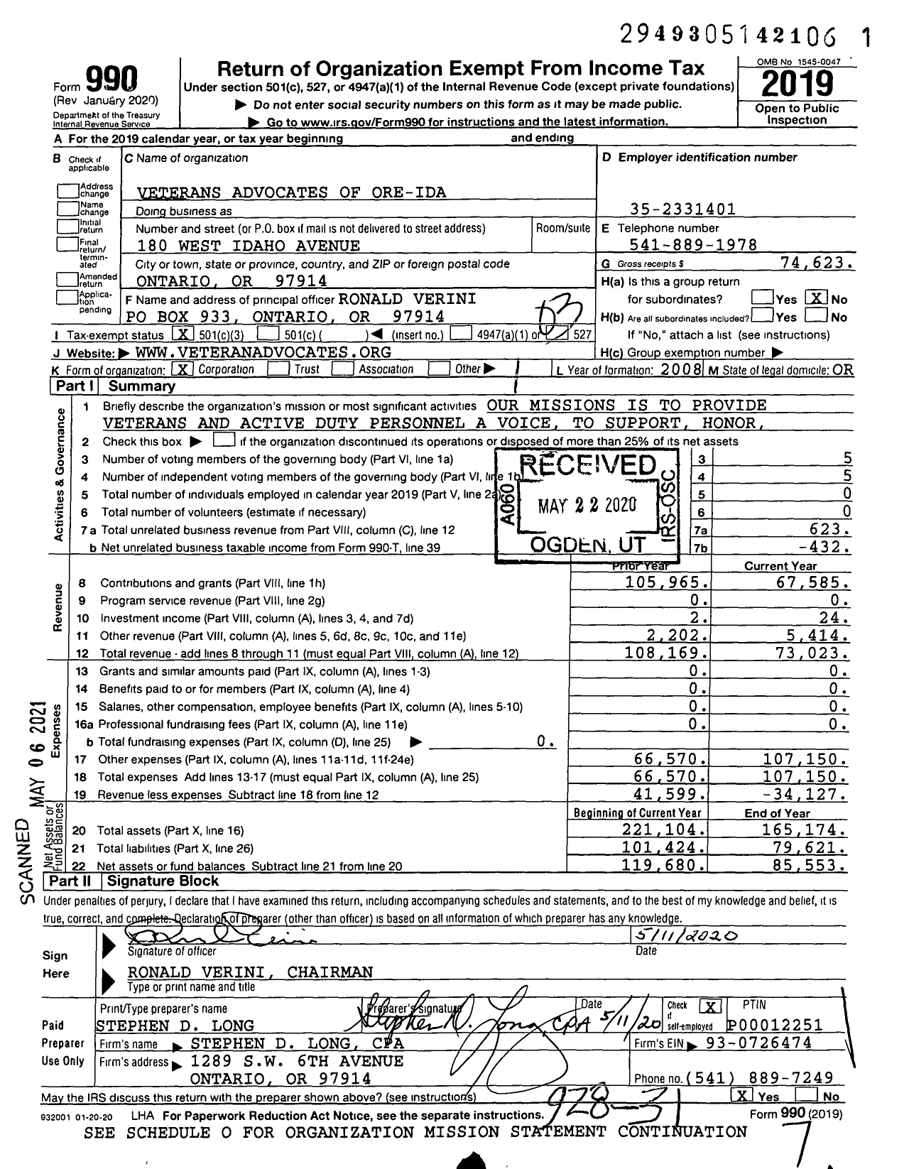 Image of first page of 2019 Form 990 for Veterans Advocates of Ore-Ida