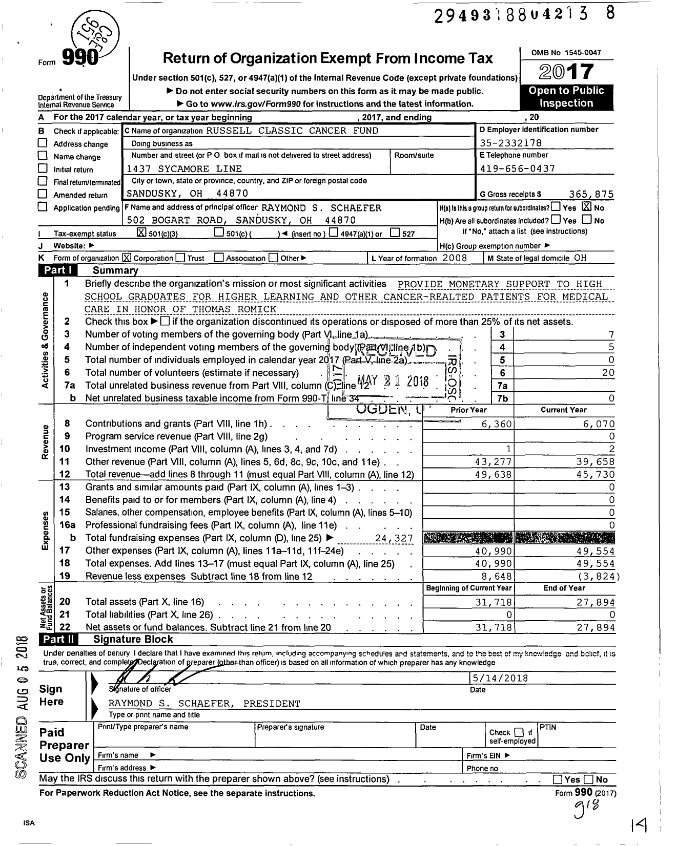 Image of first page of 2017 Form 990 for Russell Classic Cancer Fund