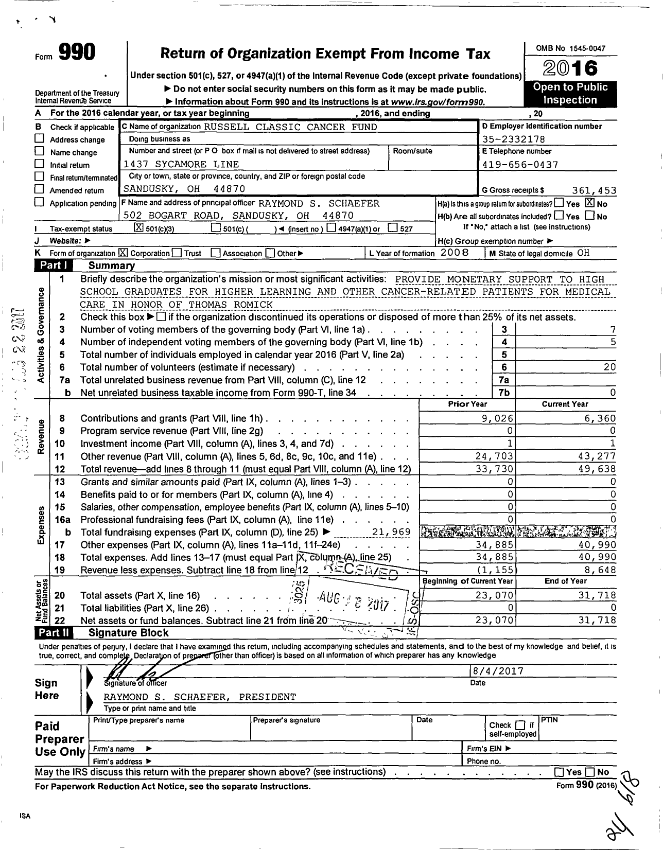 Image of first page of 2016 Form 990 for Russell Classic Cancer Fund