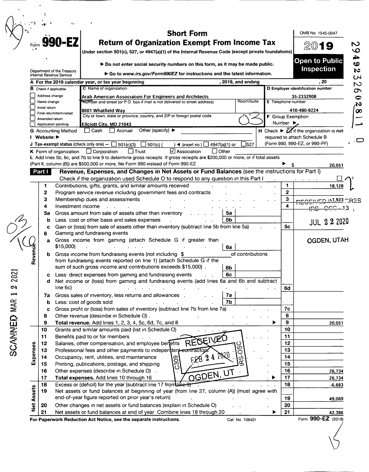 Image of first page of 2019 Form 990EZ for Arab American Association for Engineers and Architects