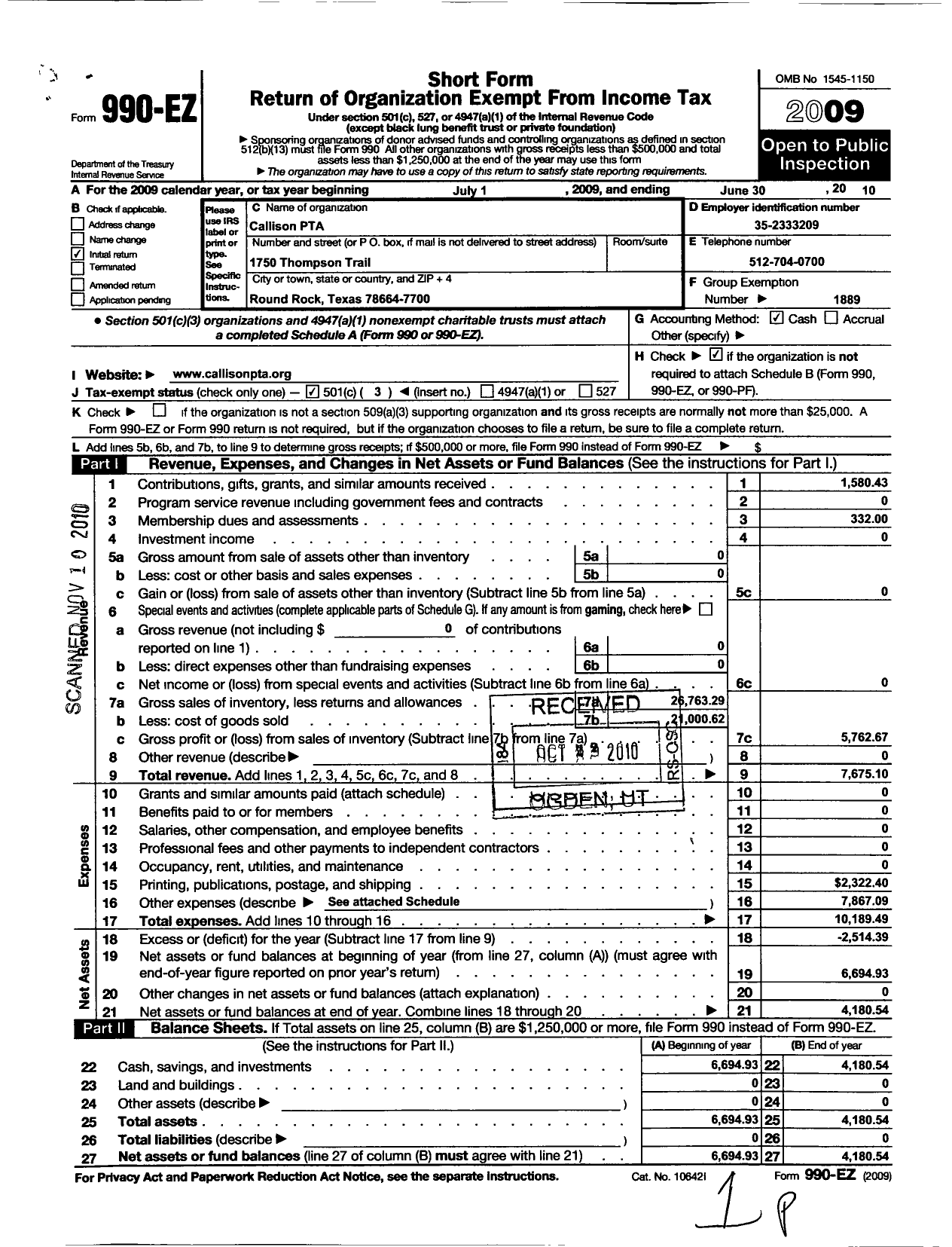 Image of first page of 2009 Form 990EZ for Texas PTA - 11911 Callison PTA