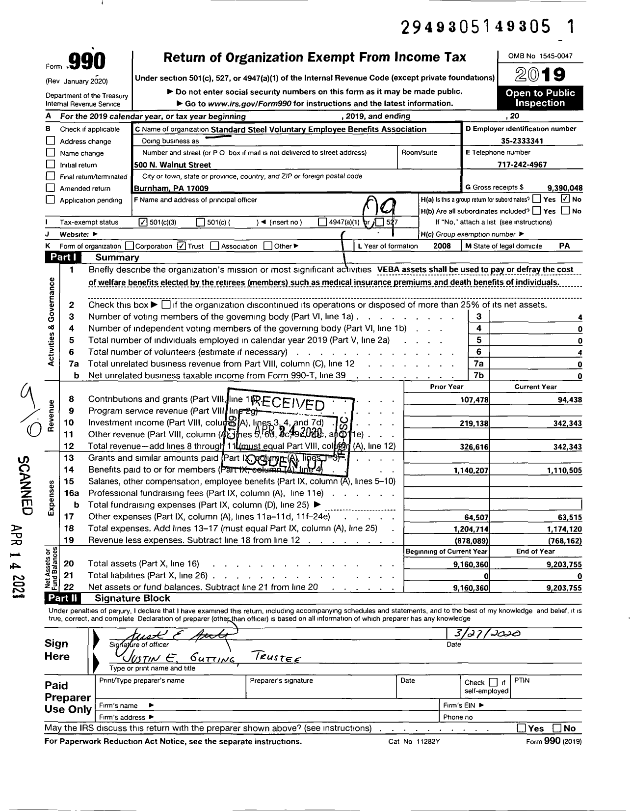 Image of first page of 2019 Form 990O for Standard Steel Voluntary Employee Benefits Association Trust