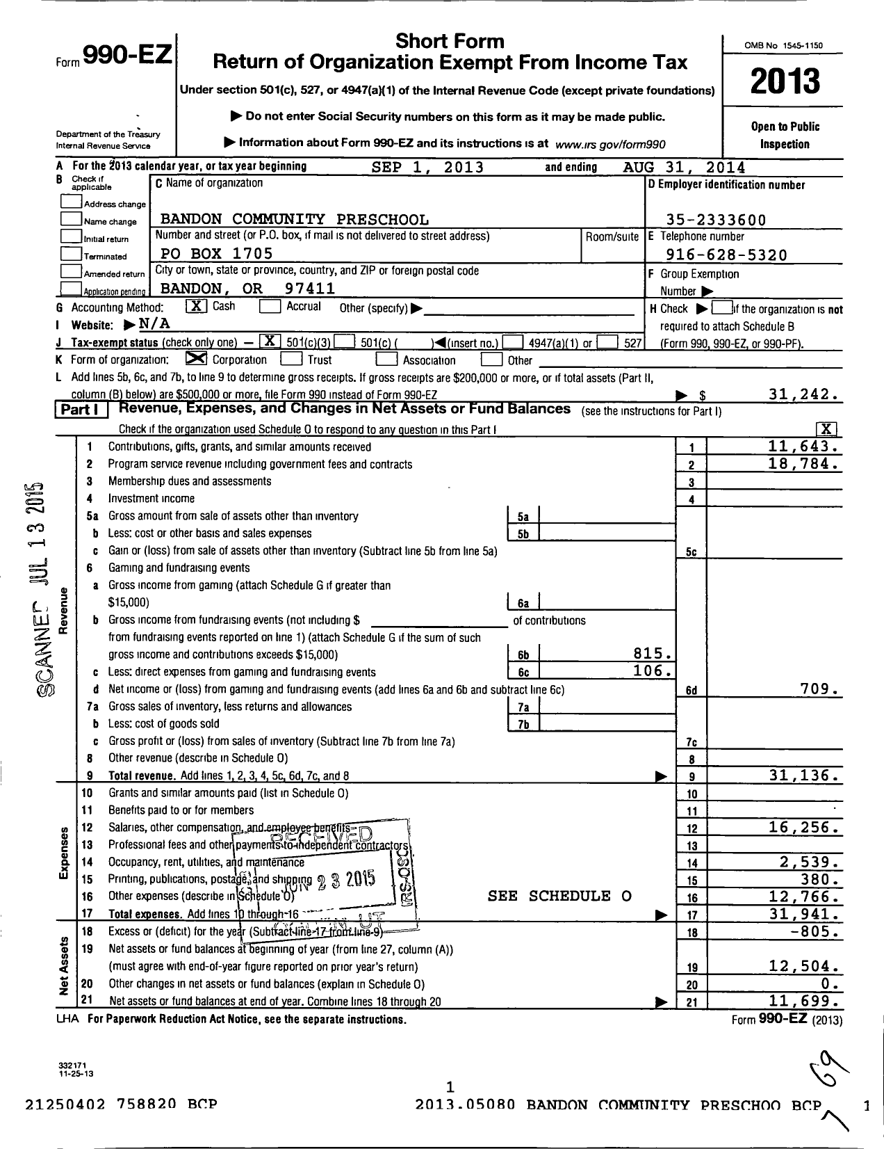 Image of first page of 2013 Form 990EZ for Bandon Community Preschool