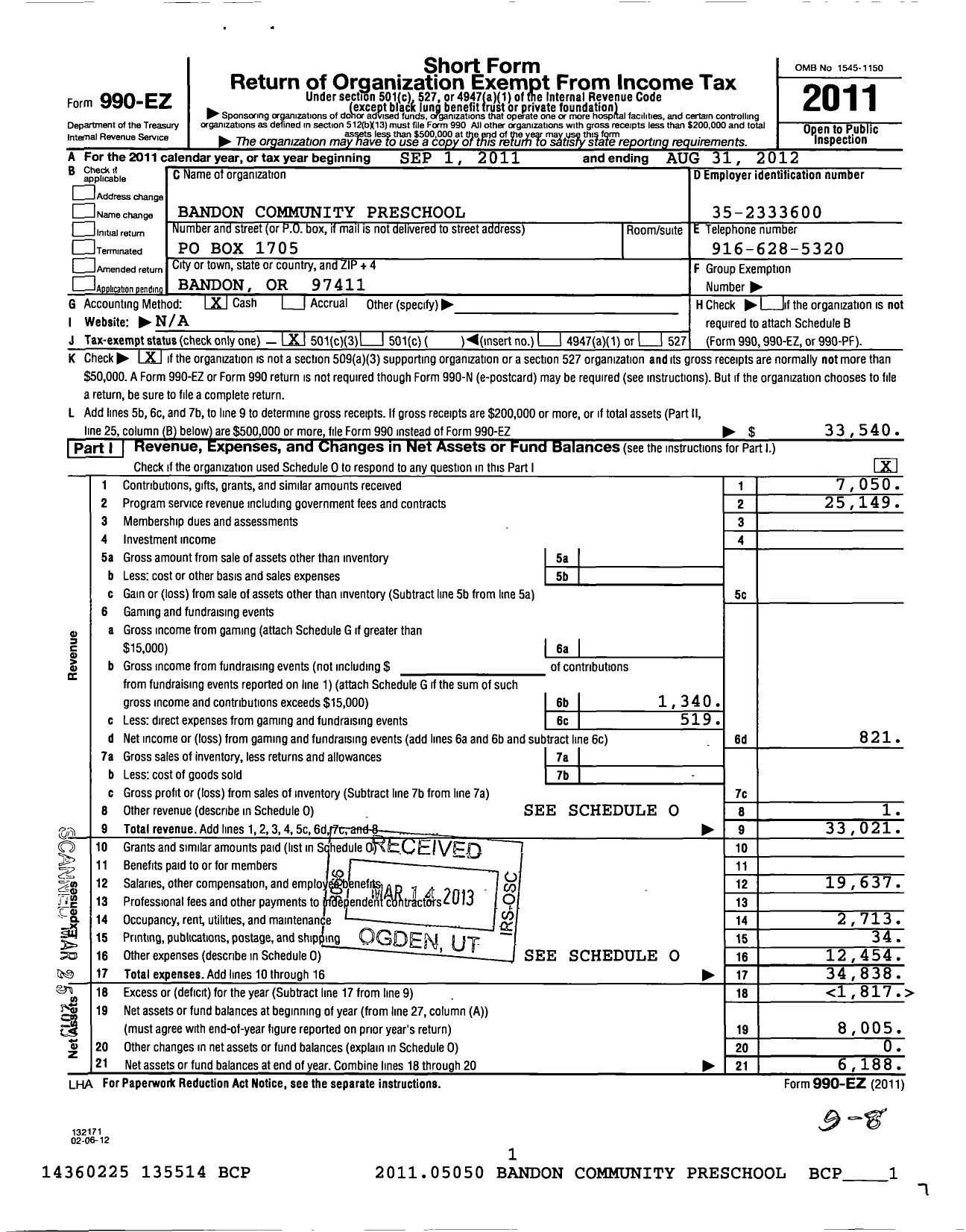 Image of first page of 2011 Form 990EZ for Bandon Community Preschool